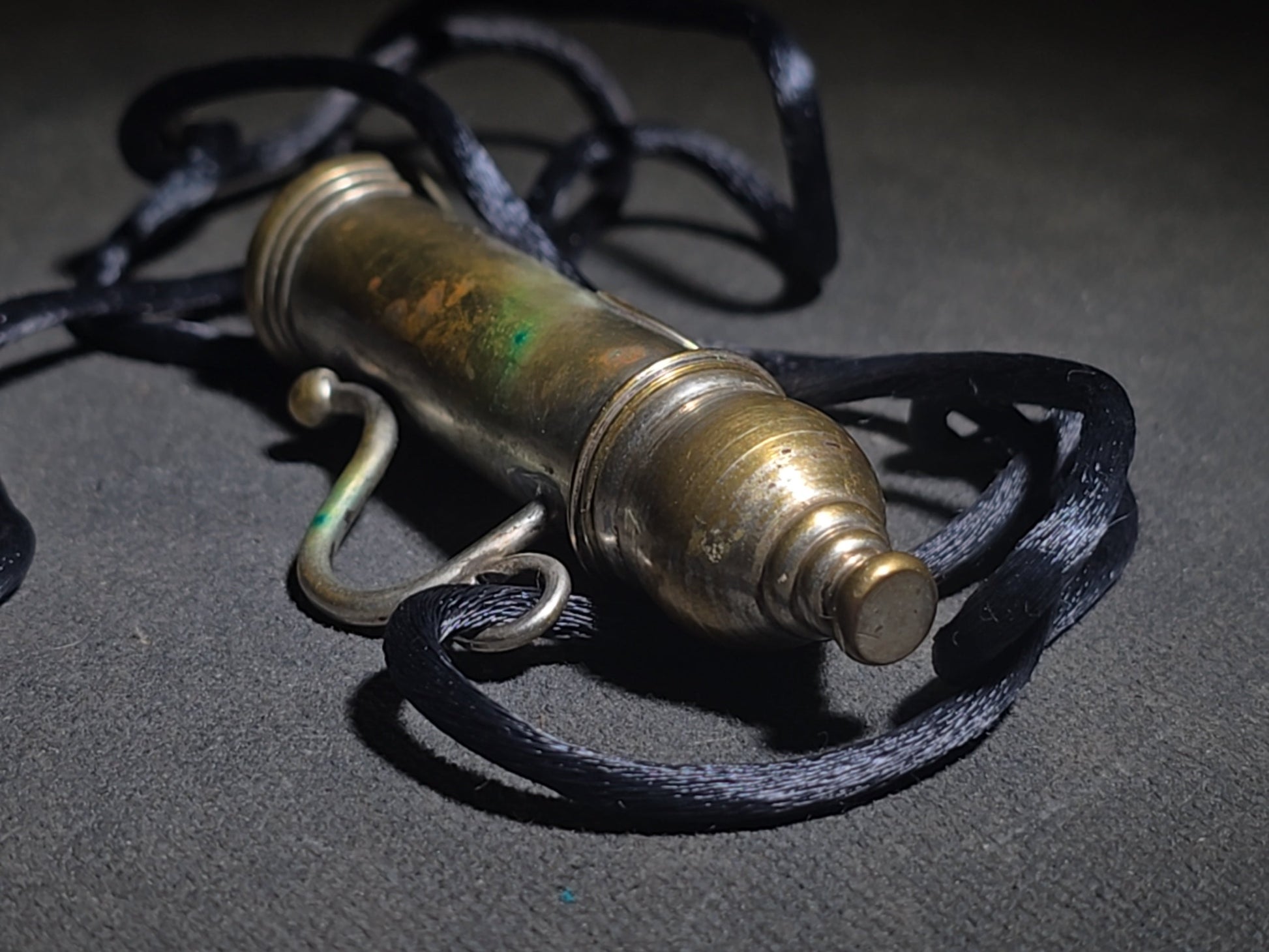 Antique Brass Nanny Bubble Blower with Crown Emblem, Cork Stopper, Wire Loop Wand, and Lanyard