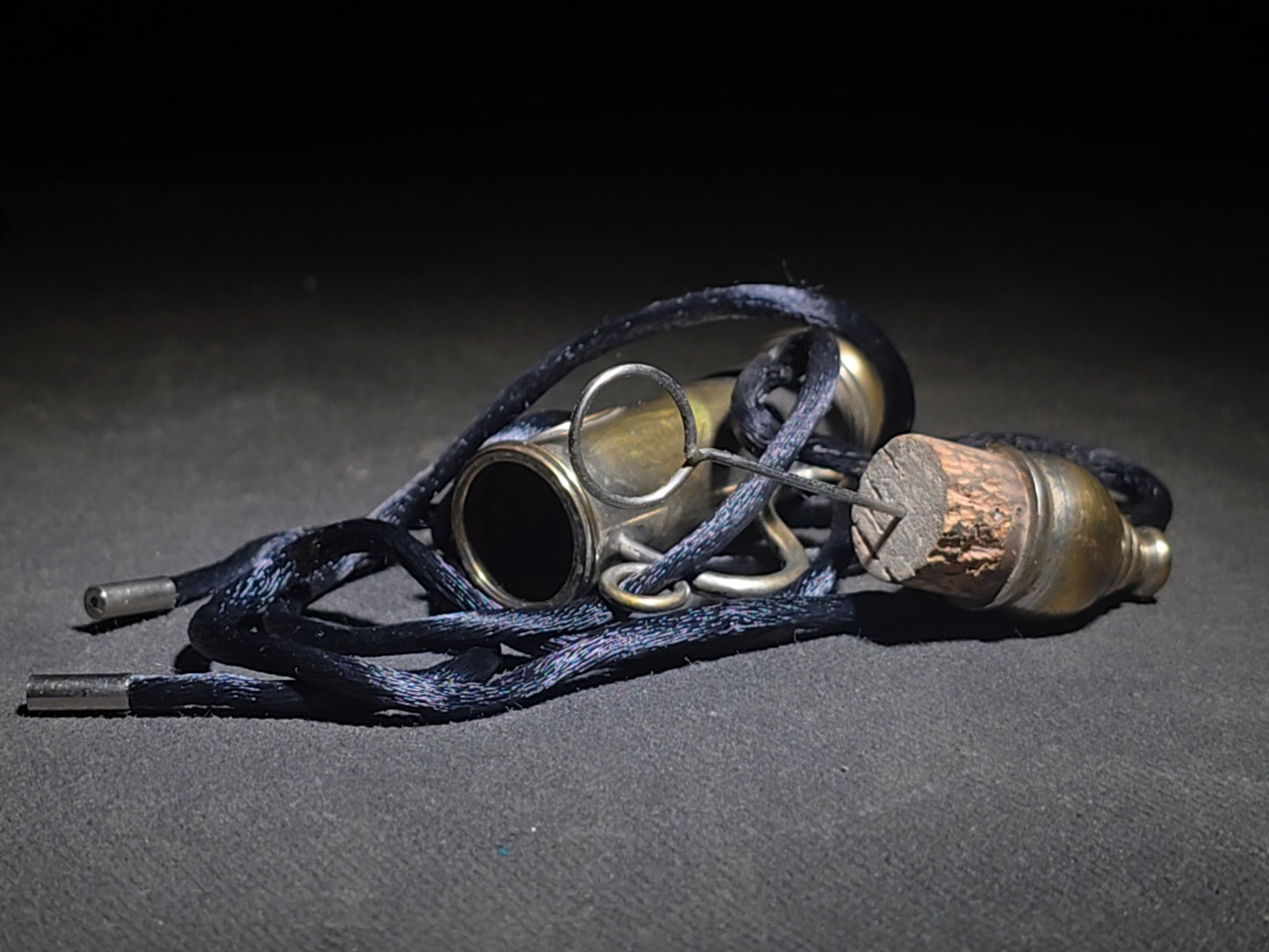 Antique Brass Nanny Bubble Blower with Crown Emblem, Cork Stopper, Wire Loop Wand, and Lanyard
