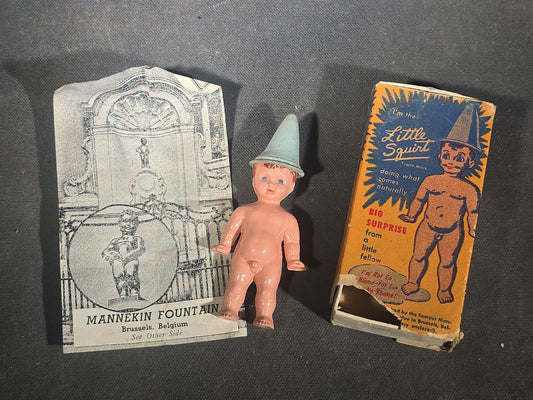 Vintage "Little Squirt" Manneken Pis Novelty Water Squirting Figure No. 140 with Original Box and Paper Insert, Manufactured by Commonwealth Products Co., New York, New York