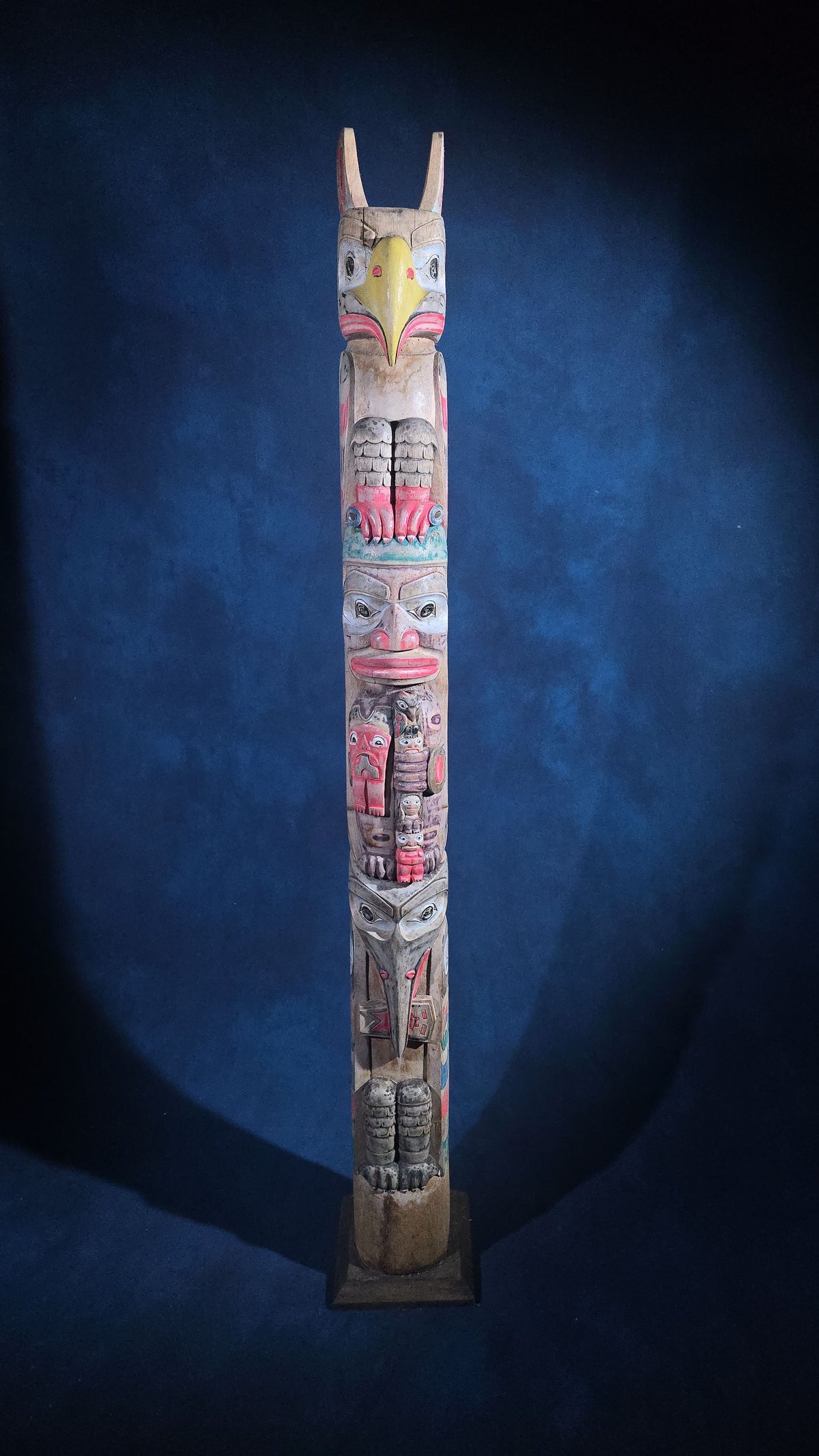 Vintage Carved and Painted Northwest Coast Style Totem Pole on Base