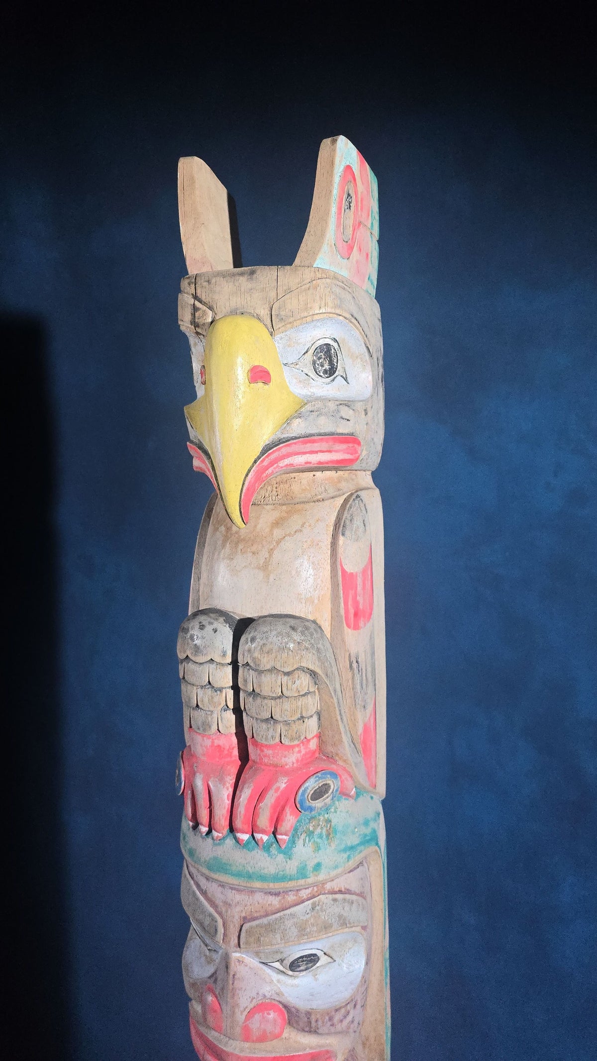 Vintage Carved and Painted Northwest Coast Style Totem Pole on Base