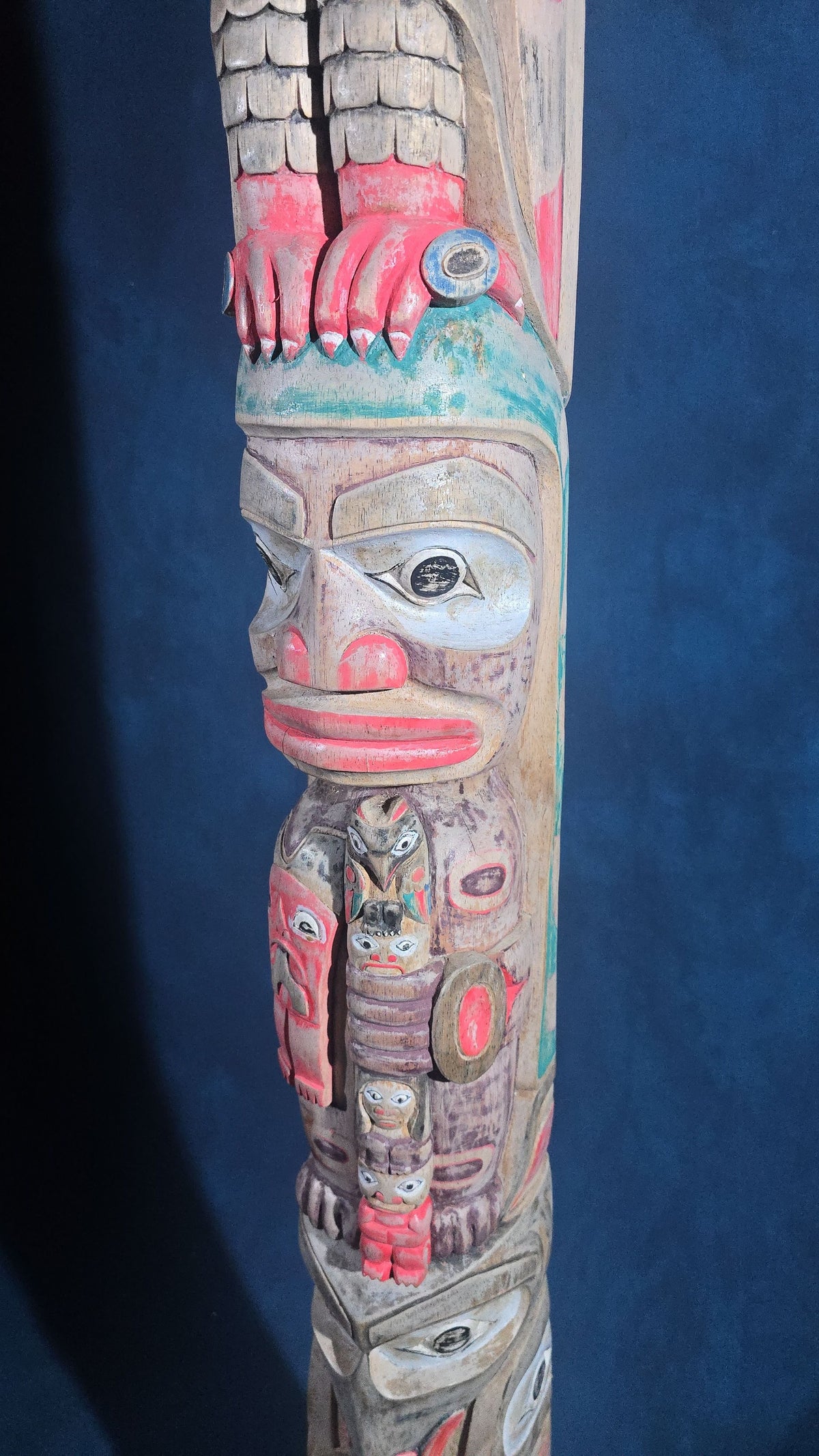 Vintage Carved and Painted Northwest Coast Style Totem Pole on Base