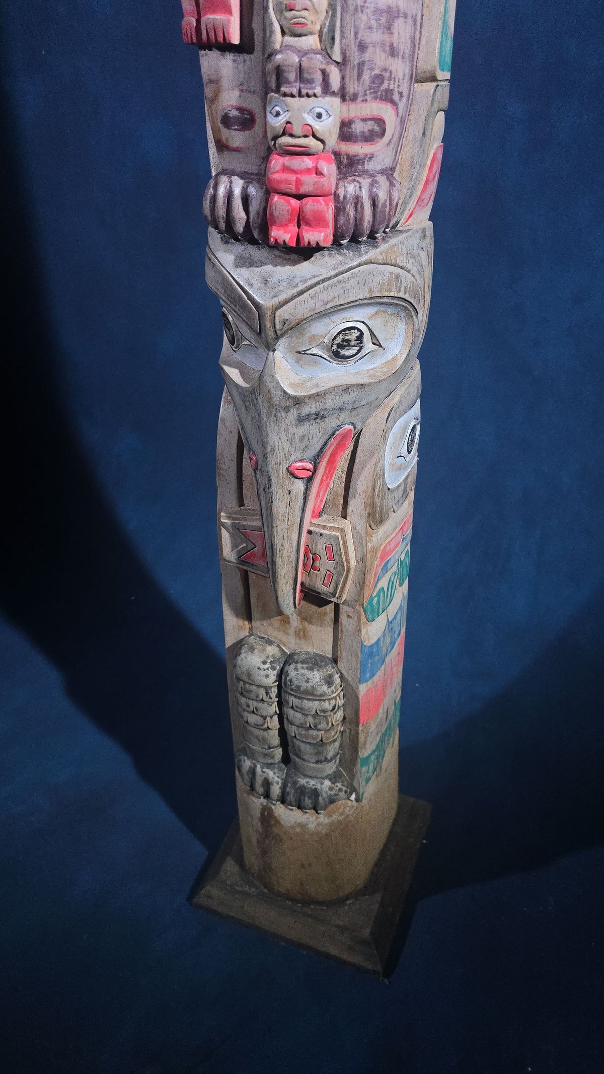 Vintage Carved and Painted Northwest Coast Style Totem Pole on Base