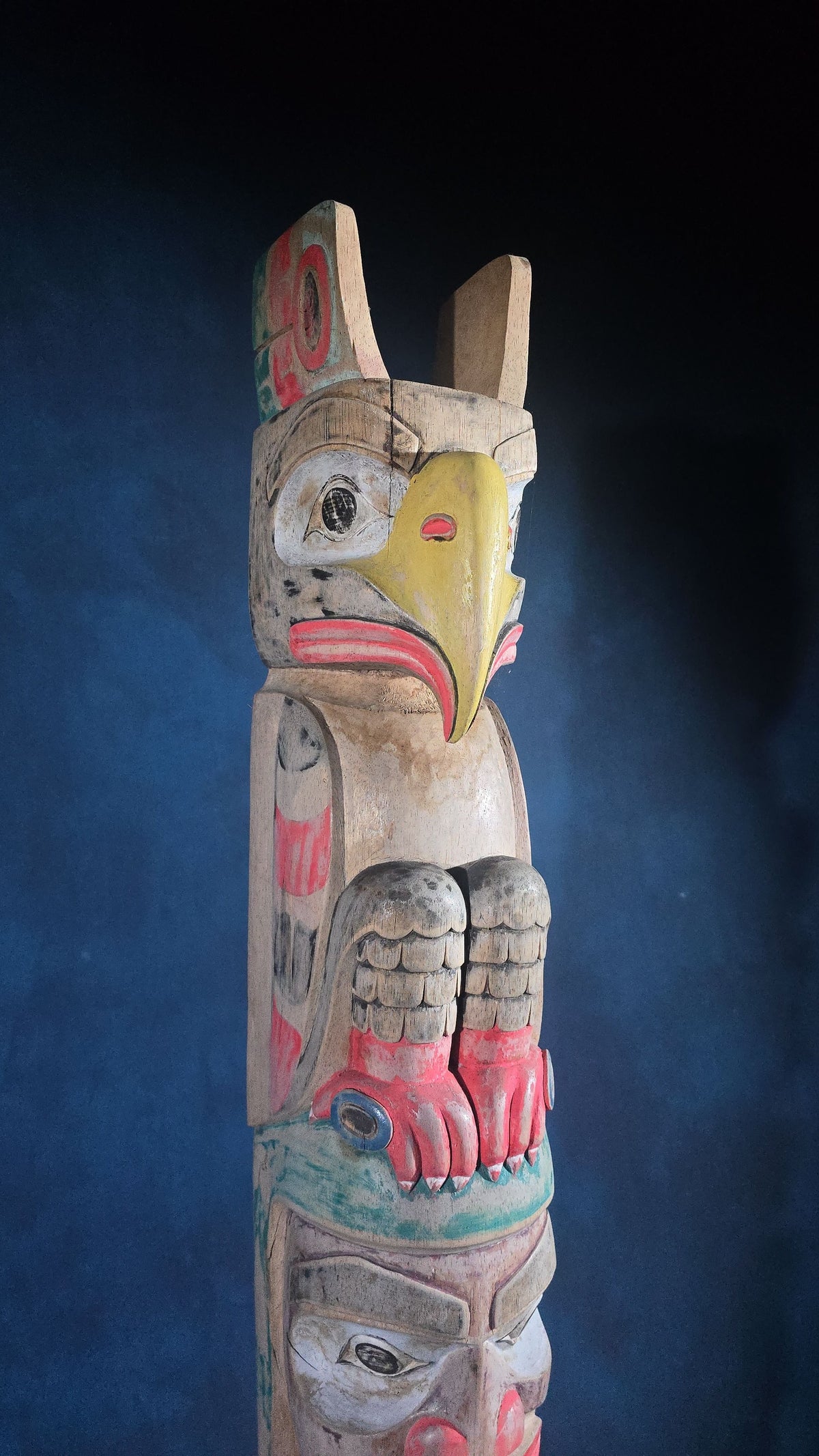 Vintage Carved and Painted Northwest Coast Style Totem Pole on Base