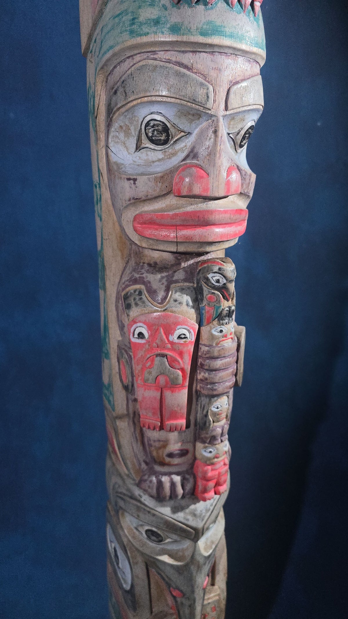 Vintage Carved and Painted Northwest Coast Style Totem Pole on Base