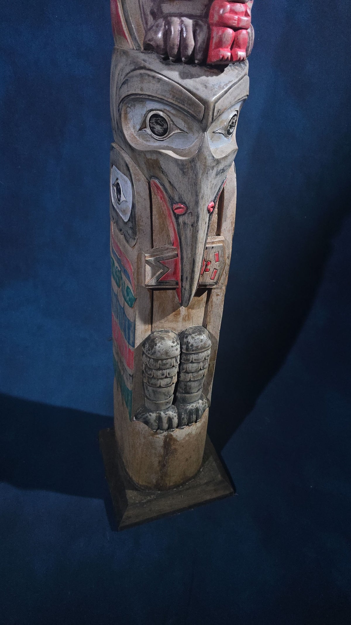 Vintage Carved and Painted Northwest Coast Style Totem Pole on Base
