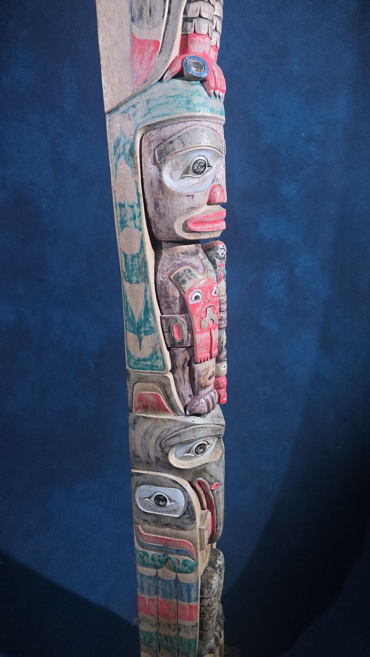 Vintage Carved and Painted Northwest Coast Style Totem Pole on Base