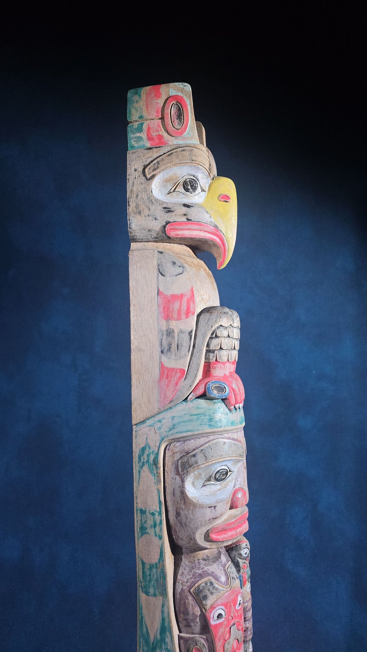Vintage Carved and Painted Northwest Coast Style Totem Pole on Base
