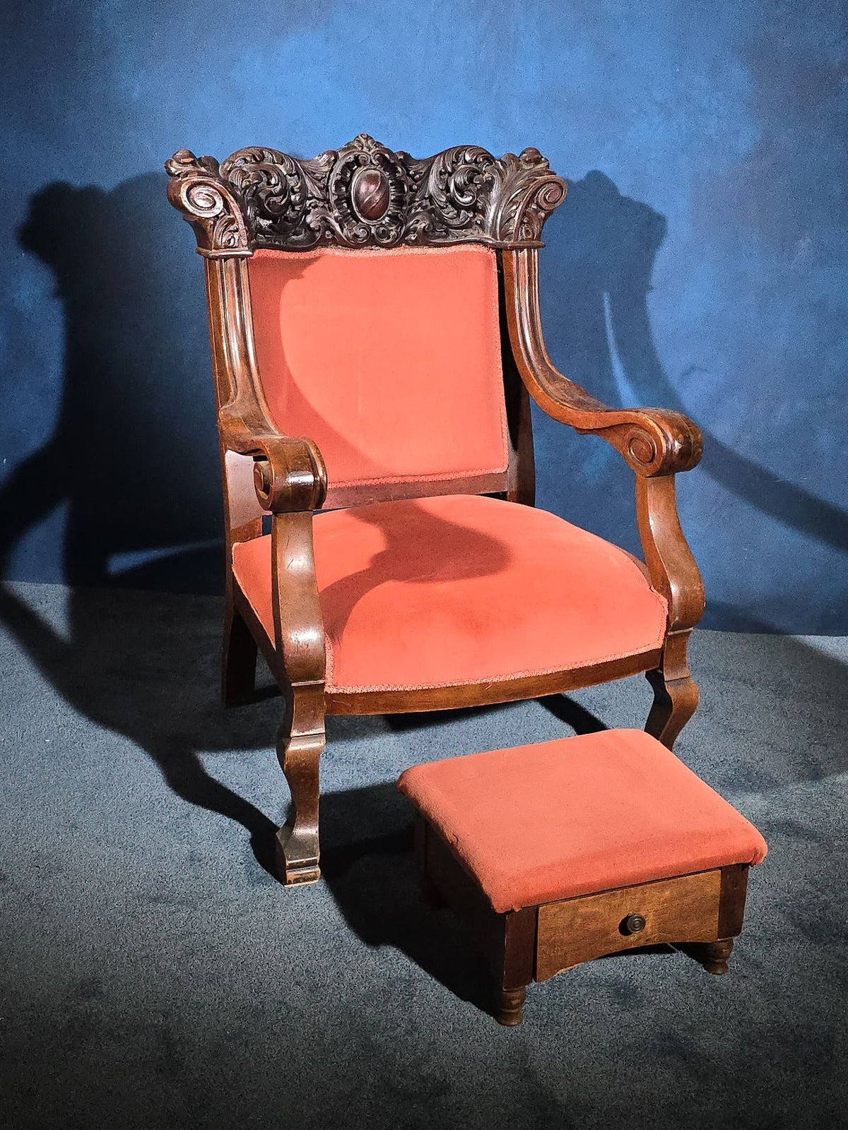 Antique Victorian Carved Parlor Armchair with Upholstered Footstool