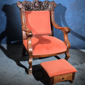 Lot 063 - Antique Victorian Carved Parlor Armchair with Upholstered Footstool, 29-1/4" L x 41-5/8" H