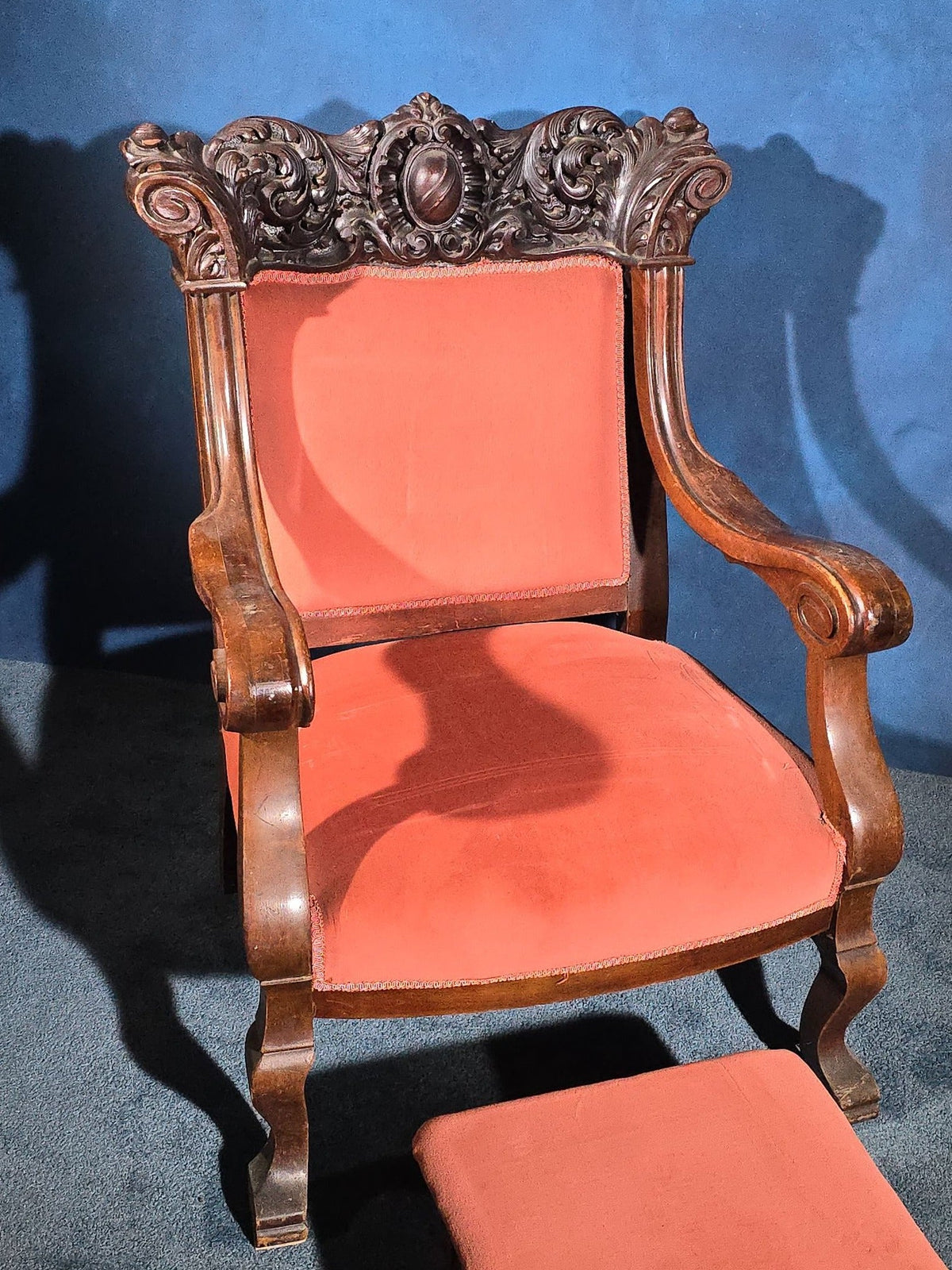 Antique Victorian Carved Parlor Armchair with Upholstered Footstool