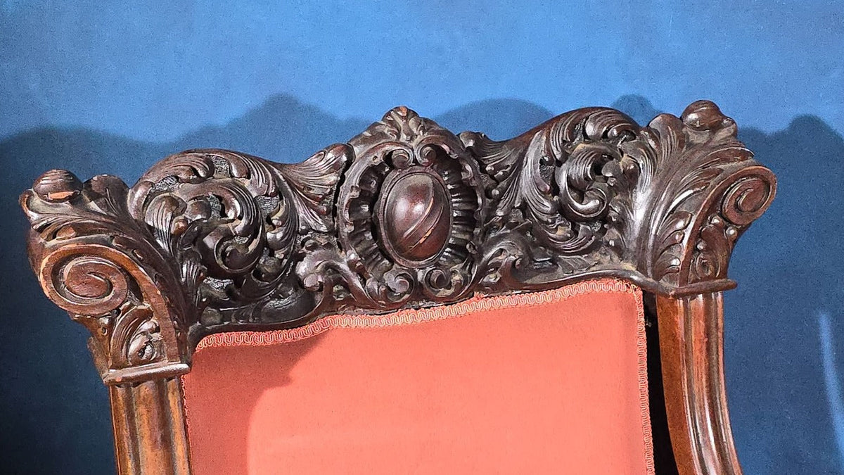 Antique Victorian Carved Parlor Armchair with Upholstered Footstool