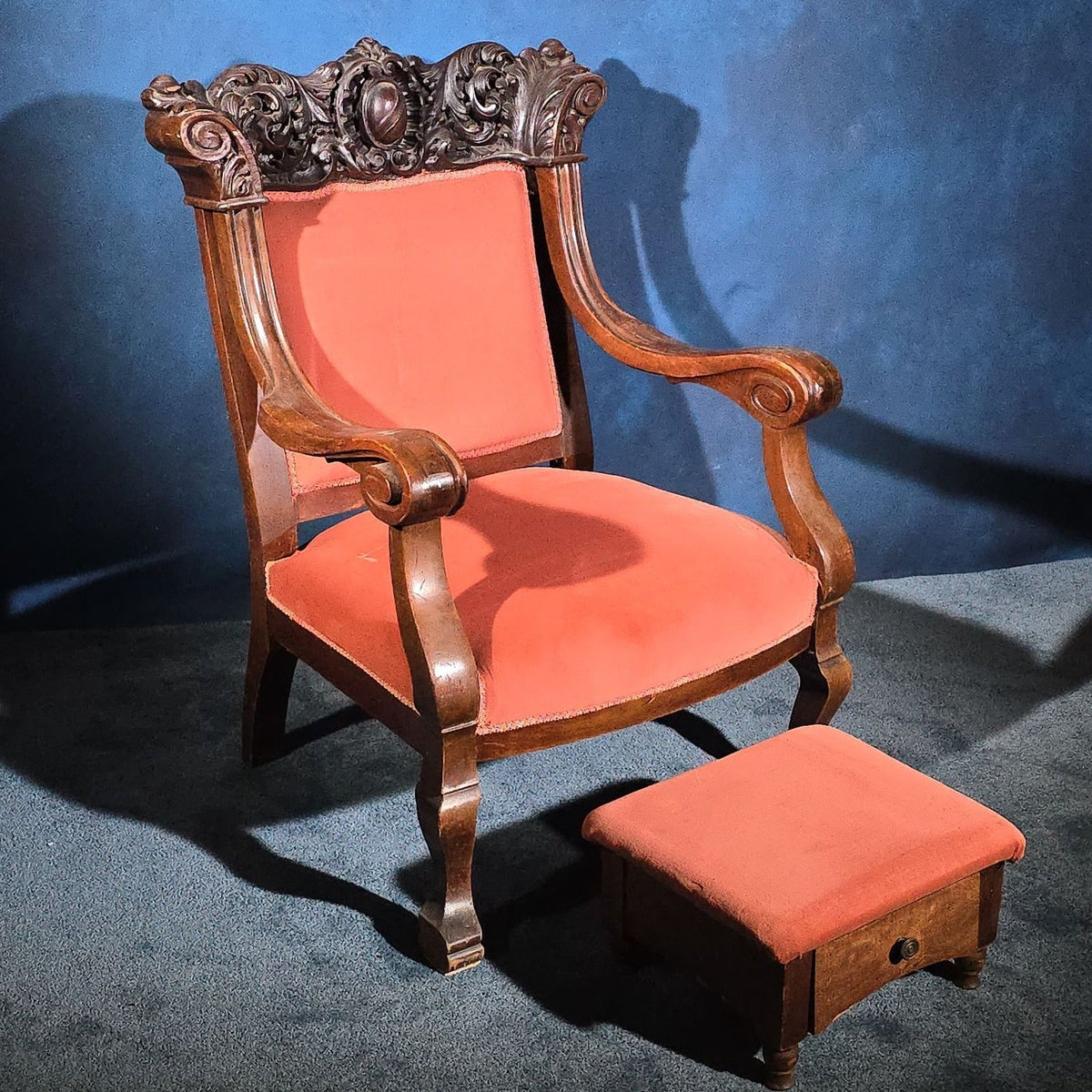 Antique Victorian Carved Parlor Armchair with Upholstered Footstool