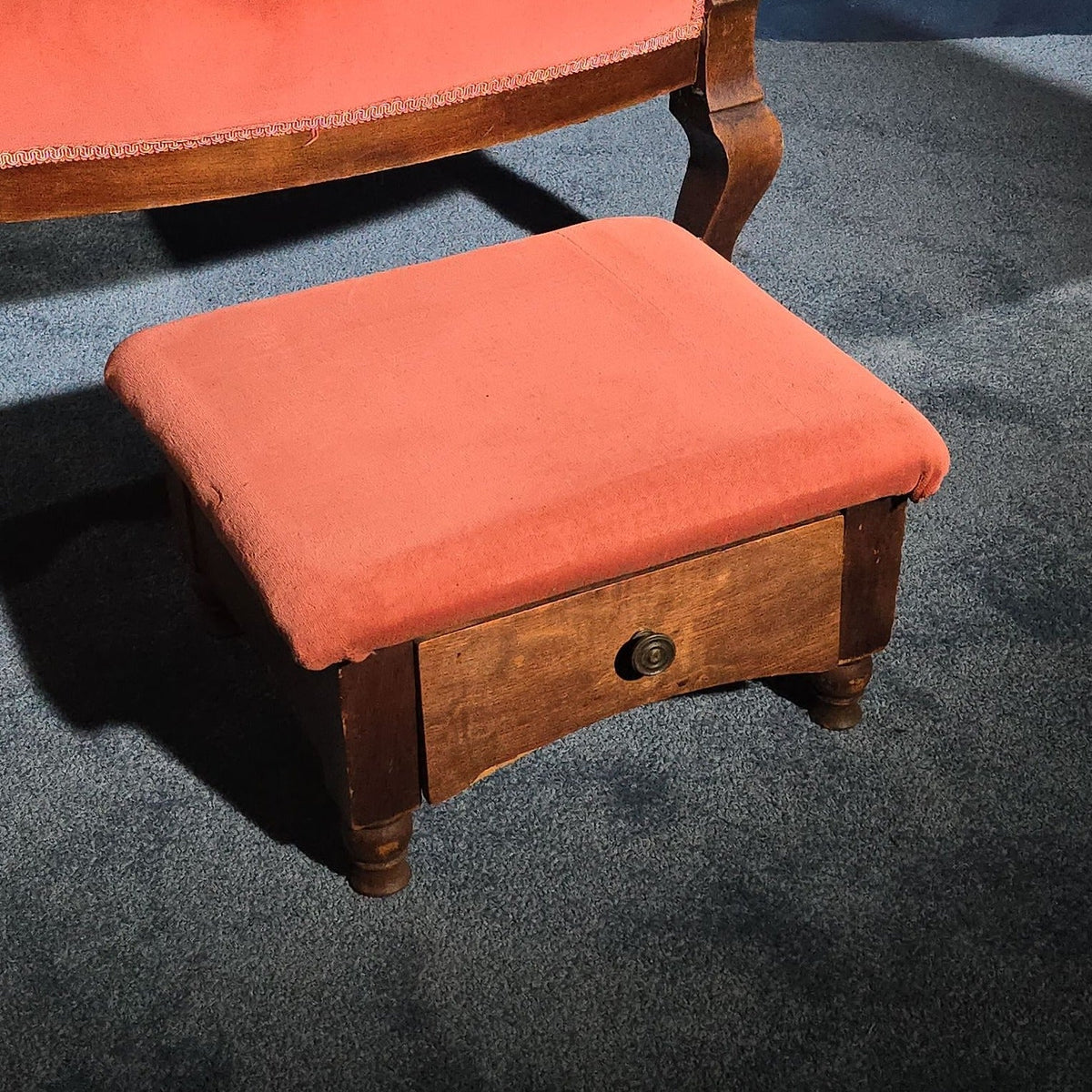 Antique Victorian Carved Parlor Armchair with Upholstered Footstool