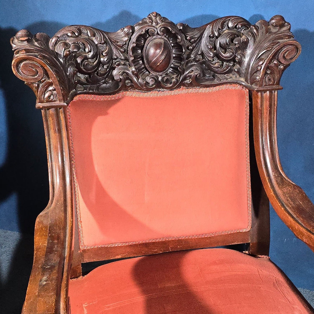 Antique Victorian Carved Parlor Armchair with Upholstered Footstool