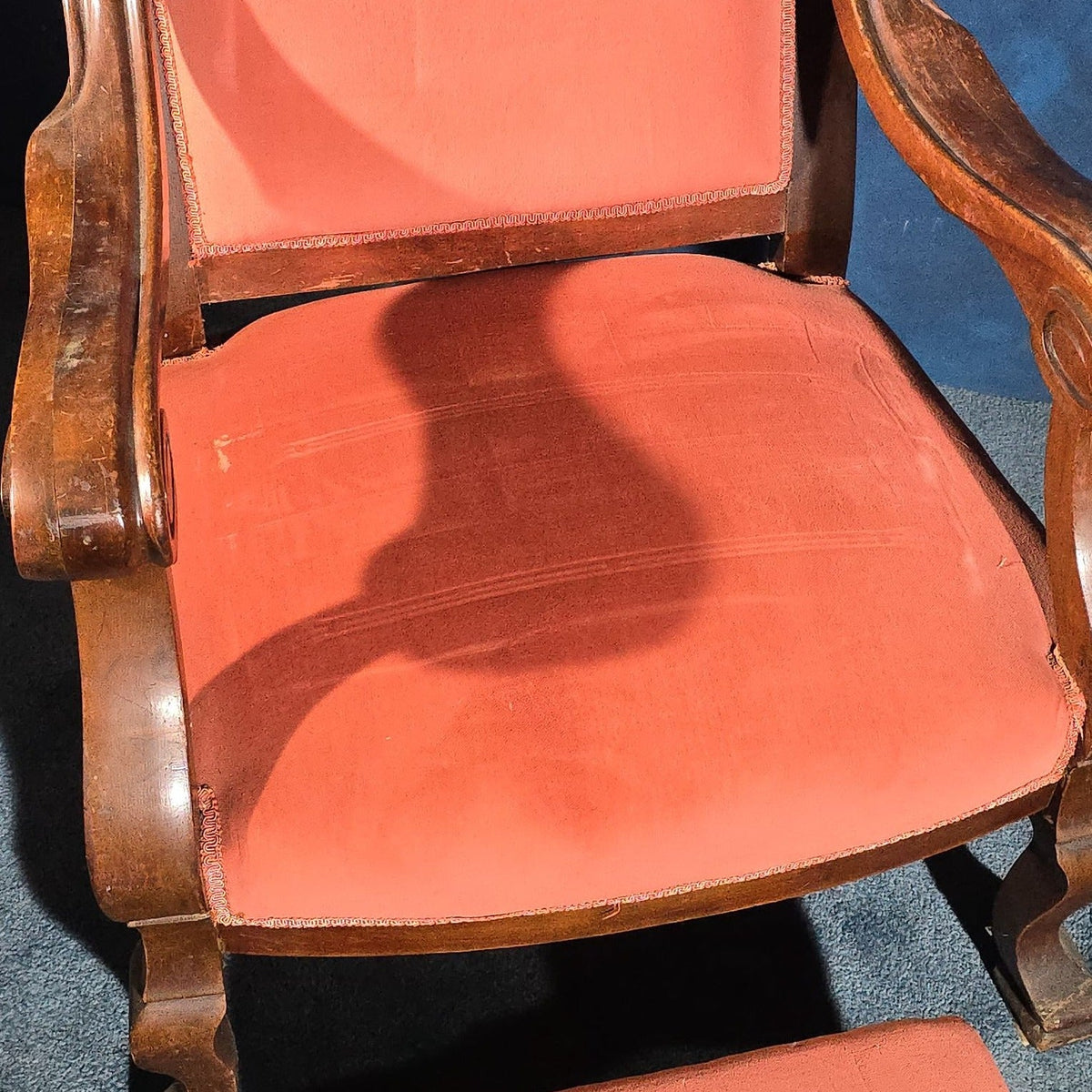 Antique Victorian Carved Parlor Armchair with Upholstered Footstool