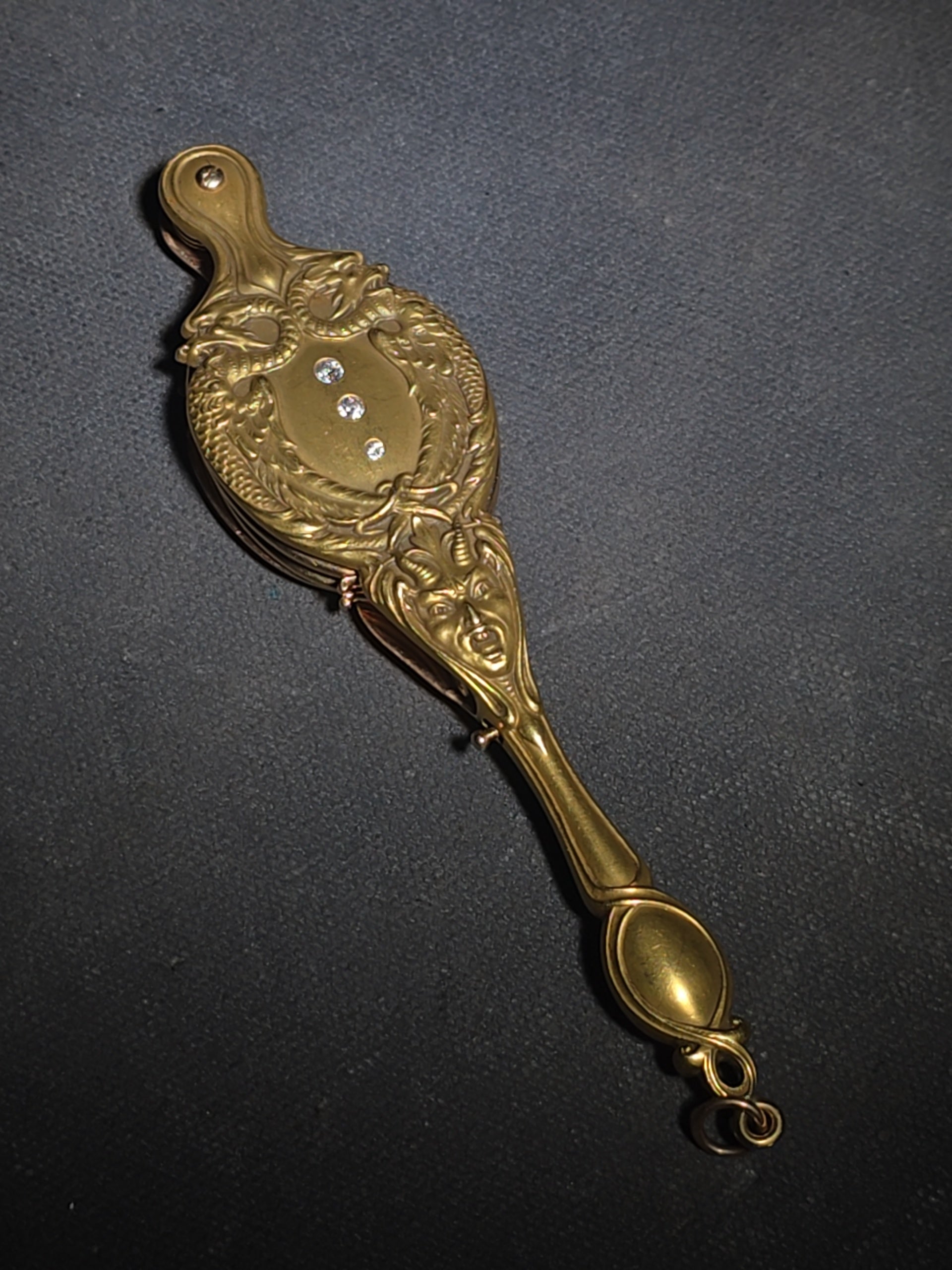 Antique Art Nouveau 14K Yellow Gold Lorgnette Folding Glasses with Three Diamonds and Grotesque Devil Face on Handle