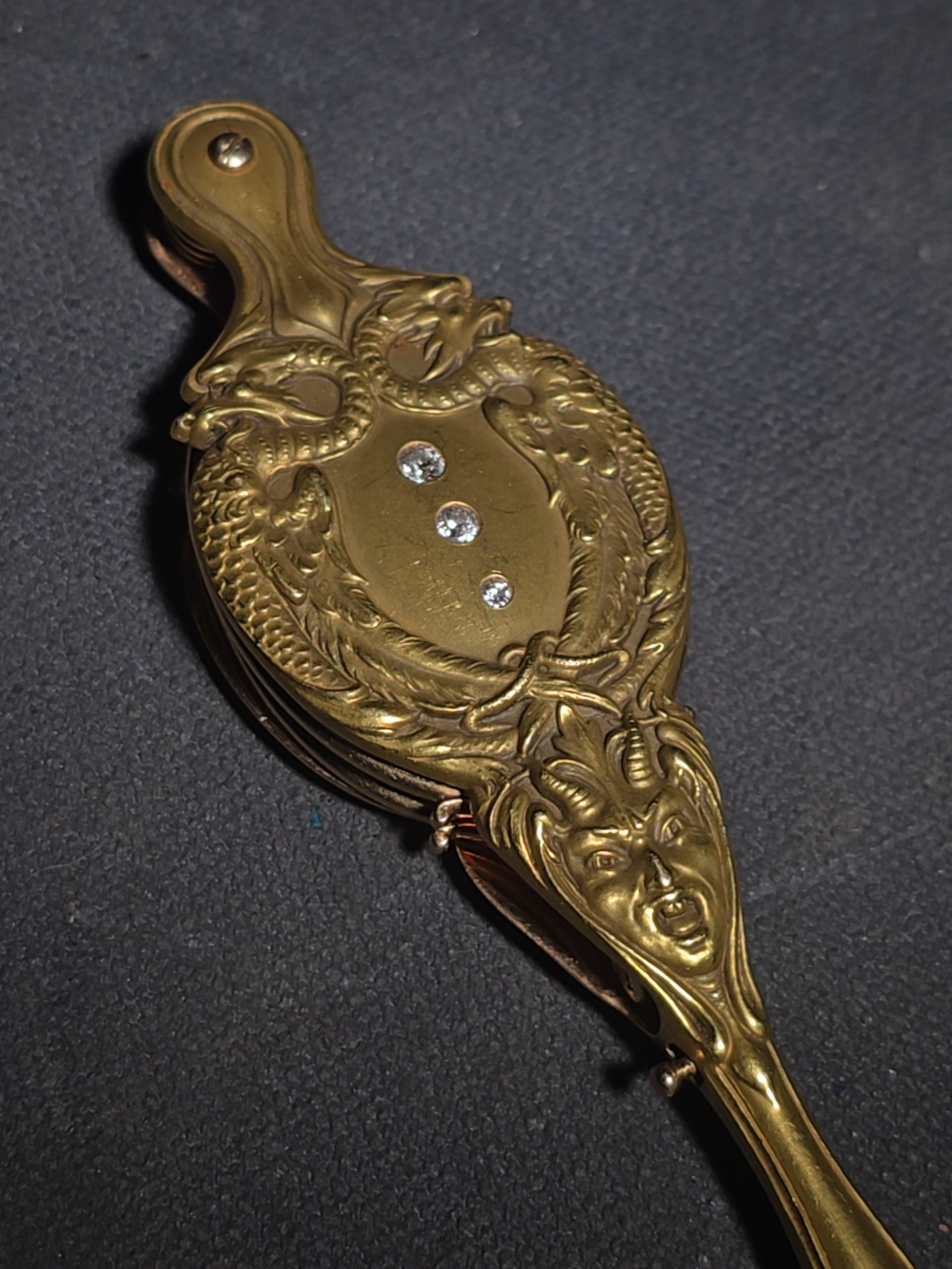 Antique Art Nouveau 14K Yellow Gold Lorgnette Folding Glasses with Three Diamonds and Grotesque Devil Face on Handle