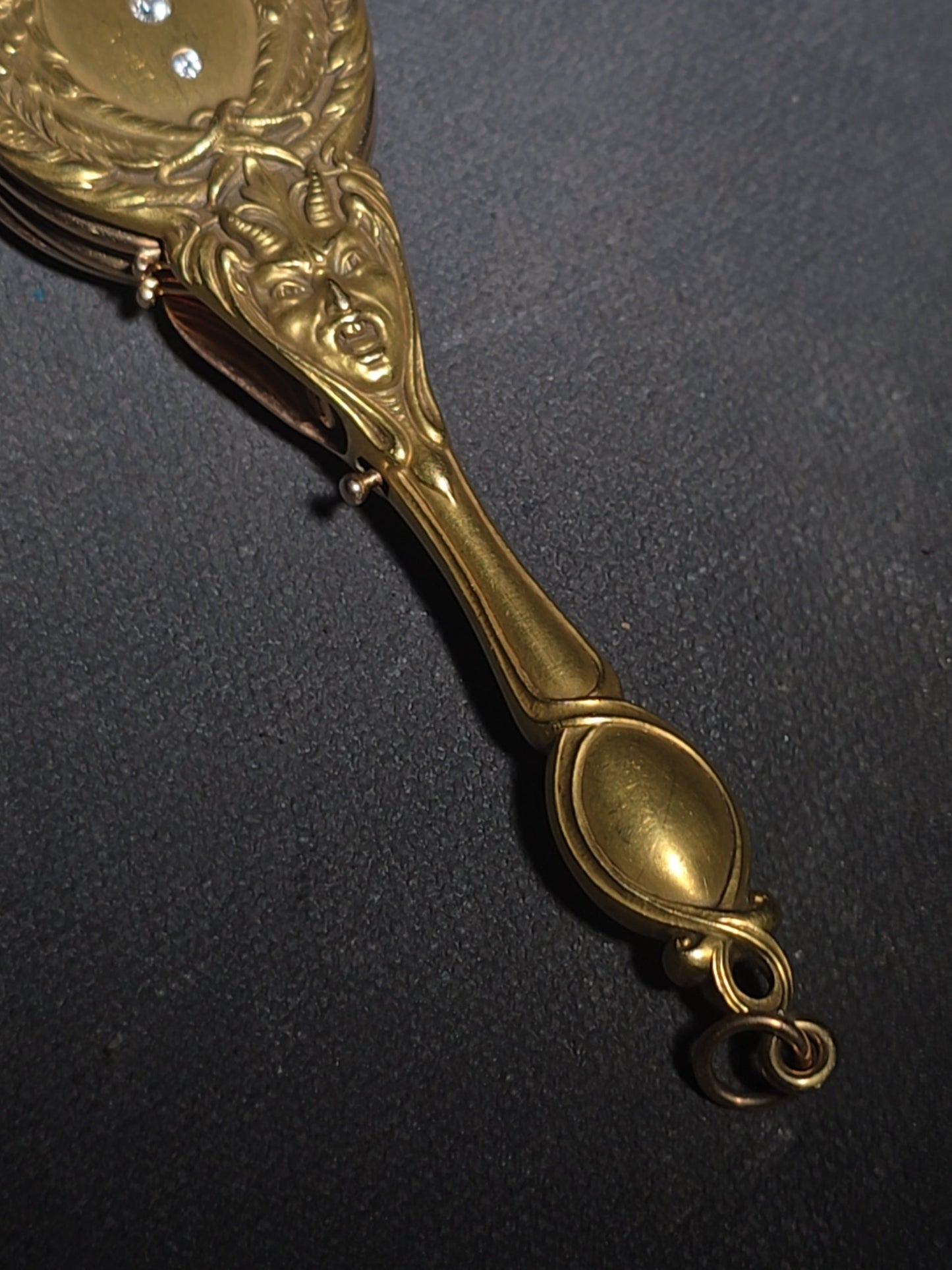 Antique Art Nouveau 14K Yellow Gold Lorgnette Folding Glasses with Three Diamonds and Grotesque Devil Face on Handle