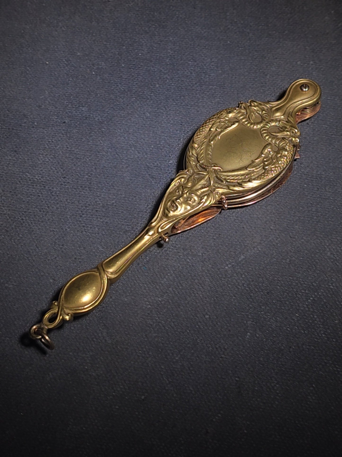 Antique Art Nouveau 14K Yellow Gold Lorgnette Folding Glasses with Three Diamonds and Grotesque Devil Face on Handle