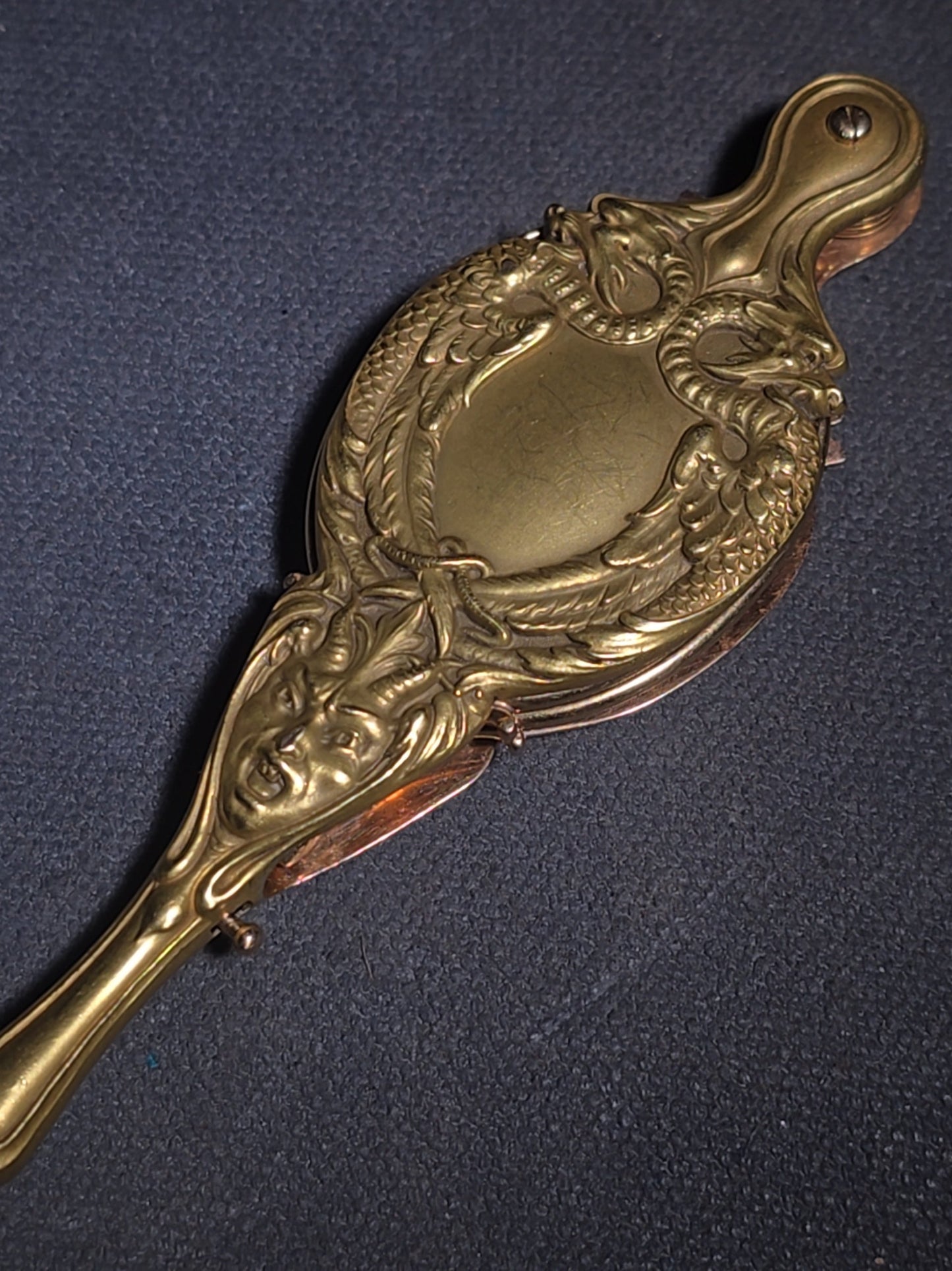 Antique Art Nouveau 14K Yellow Gold Lorgnette Folding Glasses with Three Diamonds and Grotesque Devil Face on Handle