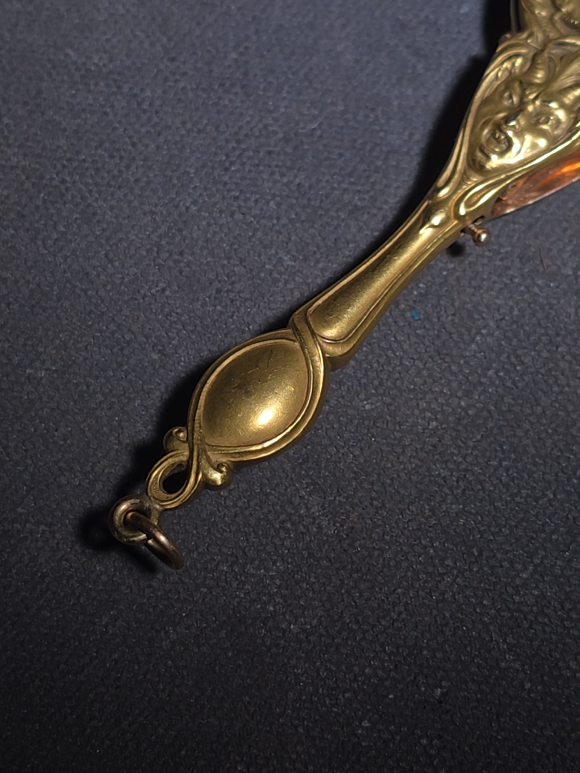 Antique Art Nouveau 14K Yellow Gold Lorgnette Folding Glasses with Three Diamonds and Grotesque Devil Face on Handle