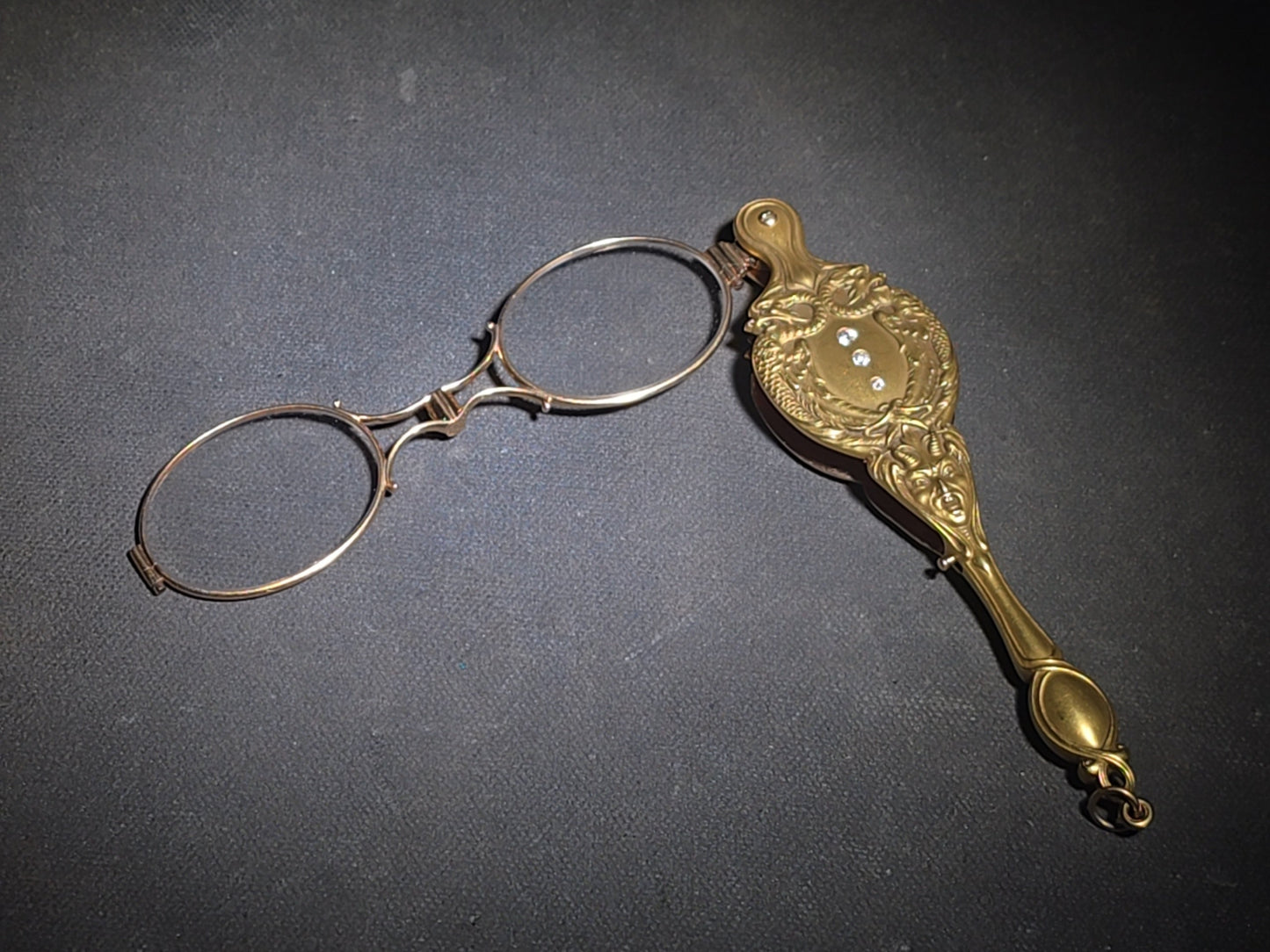 Antique Art Nouveau 14K Yellow Gold Lorgnette Folding Glasses with Three Diamonds and Grotesque Devil Face on Handle