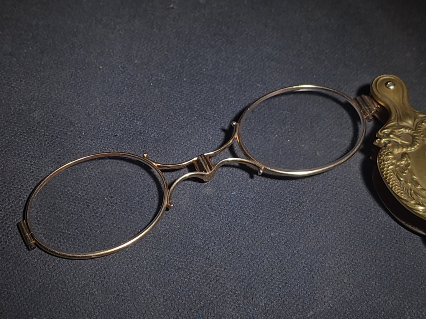 Antique Art Nouveau 14K Yellow Gold Lorgnette Folding Glasses with Three Diamonds and Grotesque Devil Face on Handle