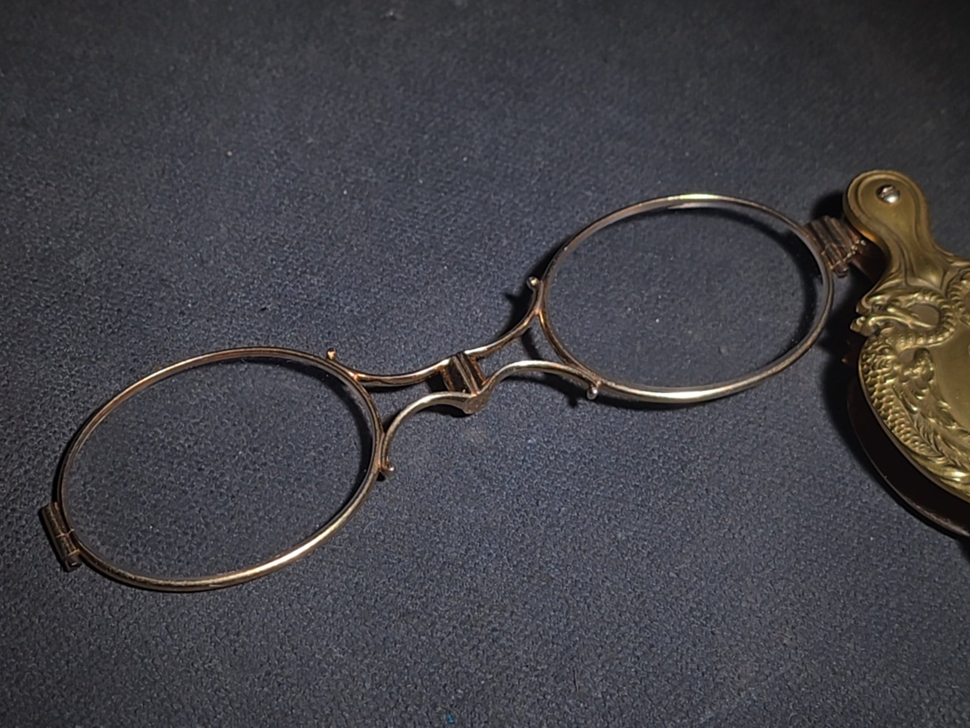 Antique Art Nouveau 14K Yellow Gold Lorgnette Folding Glasses with Three Diamonds and Grotesque Devil Face on Handle