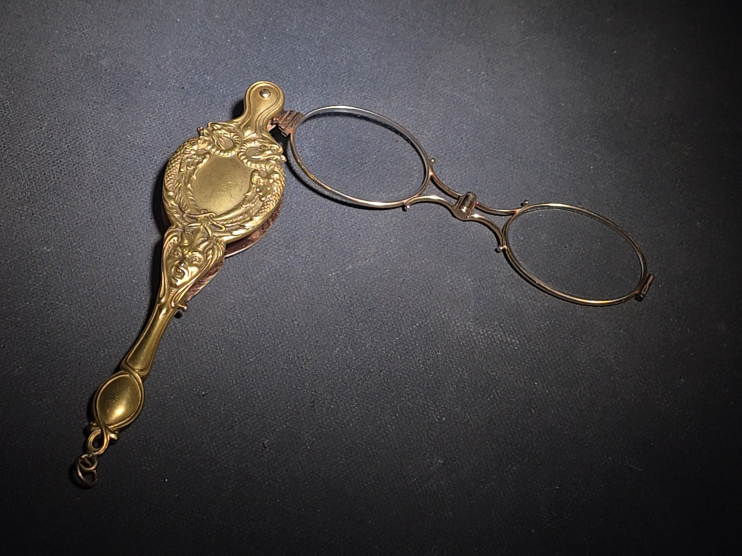 Antique Art Nouveau 14K Yellow Gold Lorgnette Folding Glasses with Three Diamonds and Grotesque Devil Face on Handle