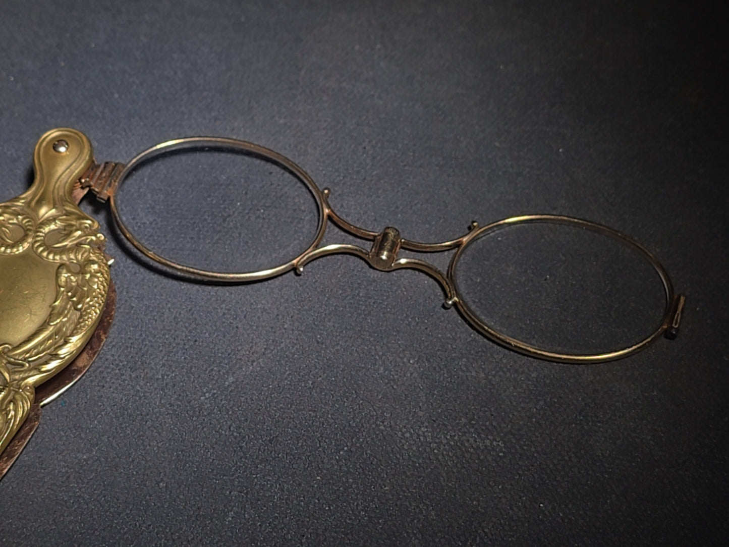 Antique Art Nouveau 14K Yellow Gold Lorgnette Folding Glasses with Three Diamonds and Grotesque Devil Face on Handle