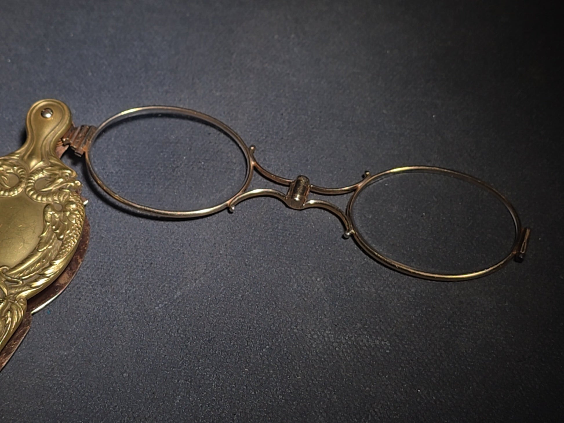 Antique Art Nouveau 14K Yellow Gold Lorgnette Folding Glasses with Three Diamonds and Grotesque Devil Face on Handle