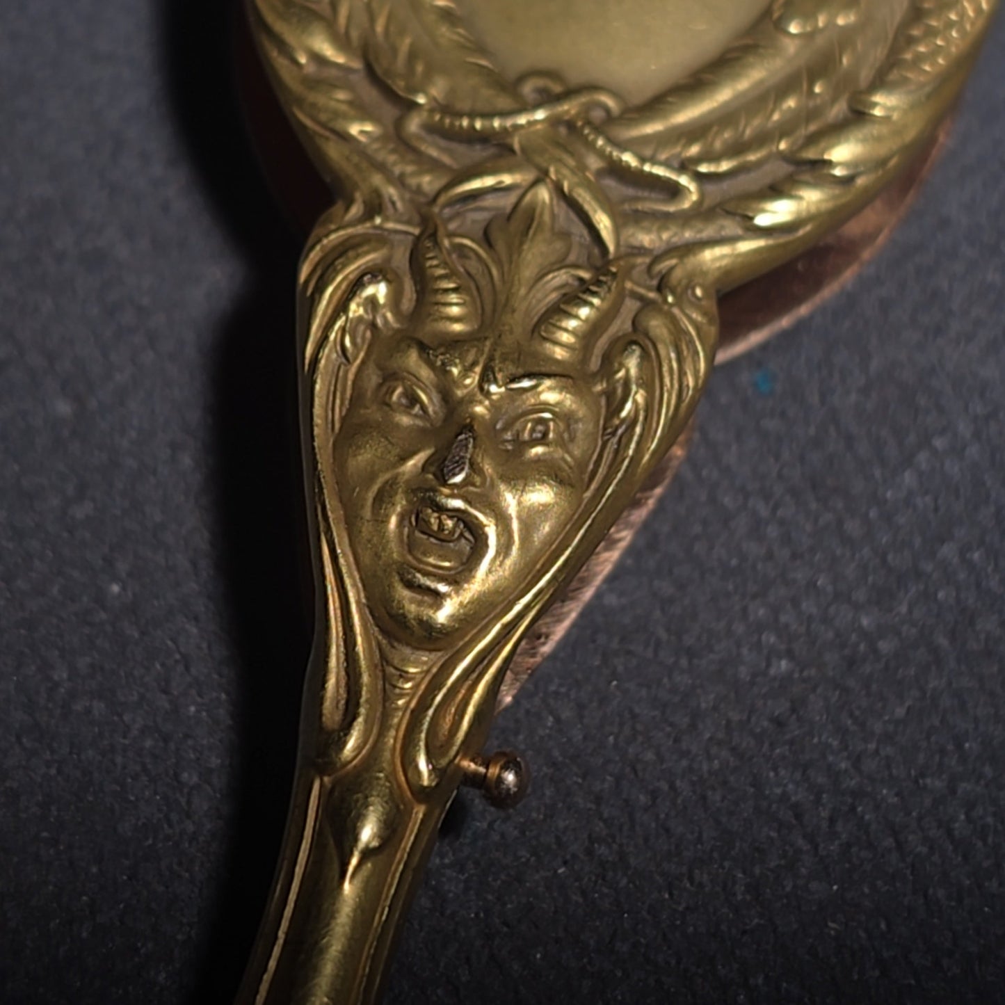 Antique Art Nouveau 14K Yellow Gold Lorgnette Folding Glasses with Three Diamonds and Grotesque Devil Face on Handle