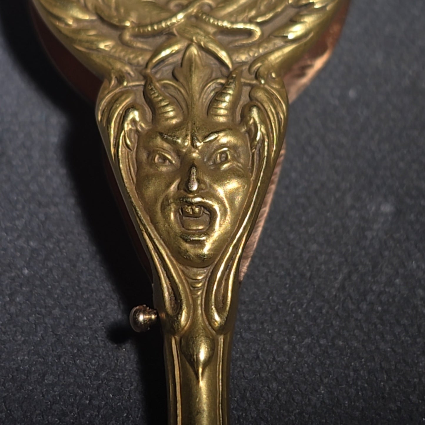 Antique Art Nouveau 14K Yellow Gold Lorgnette Folding Glasses with Three Diamonds and Grotesque Devil Face on Handle