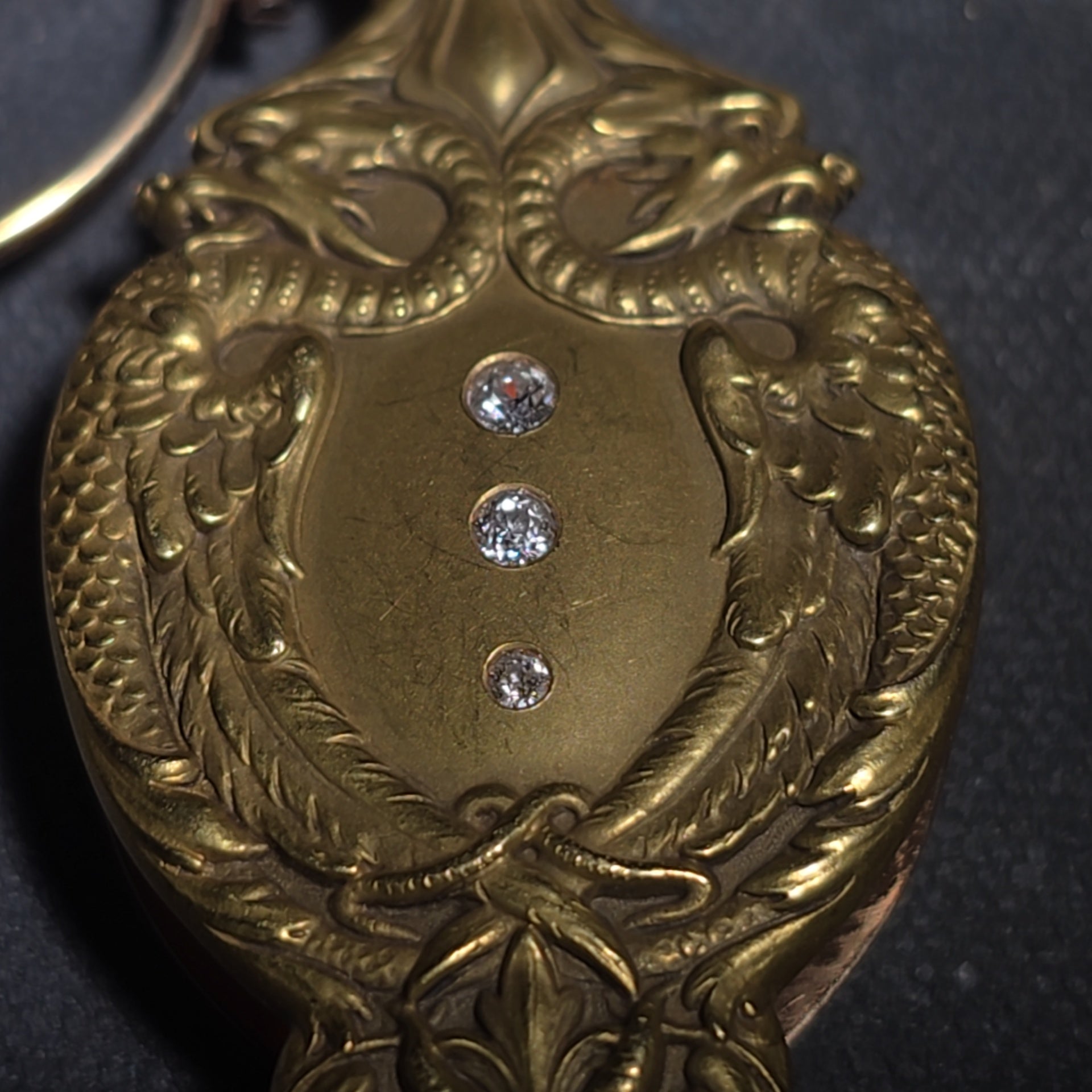 Antique Art Nouveau 14K Yellow Gold Lorgnette Folding Glasses with Three Diamonds and Grotesque Devil Face on Handle