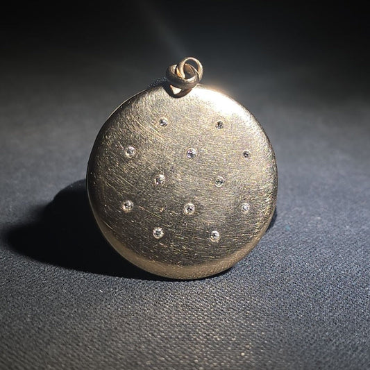 Antique 14K Gold Round Locket Pendant with 12 Flush-Set Diamonds and Engraved Script Monogram