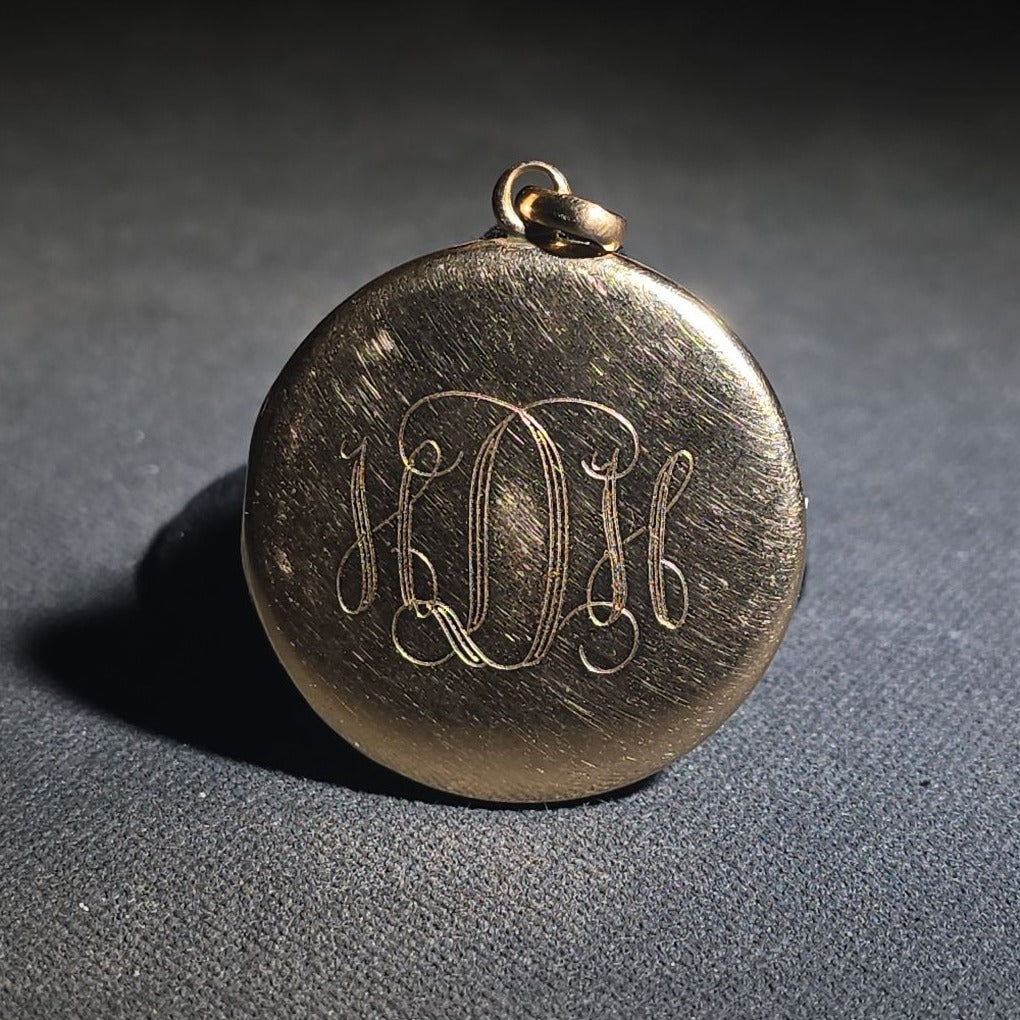 Antique 14K Gold Round Locket Pendant with 12 Flush-Set Diamonds and Engraved Script Monogram
