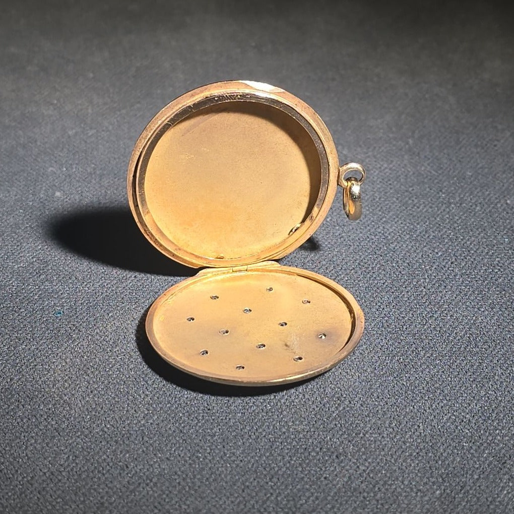 Antique 14K Gold Round Locket Pendant with 12 Flush-Set Diamonds and Engraved Script Monogram