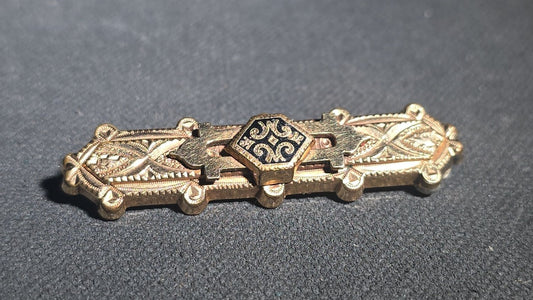 Antique Victorian Gold-Tone Bar Brooch with Black Enamel Center