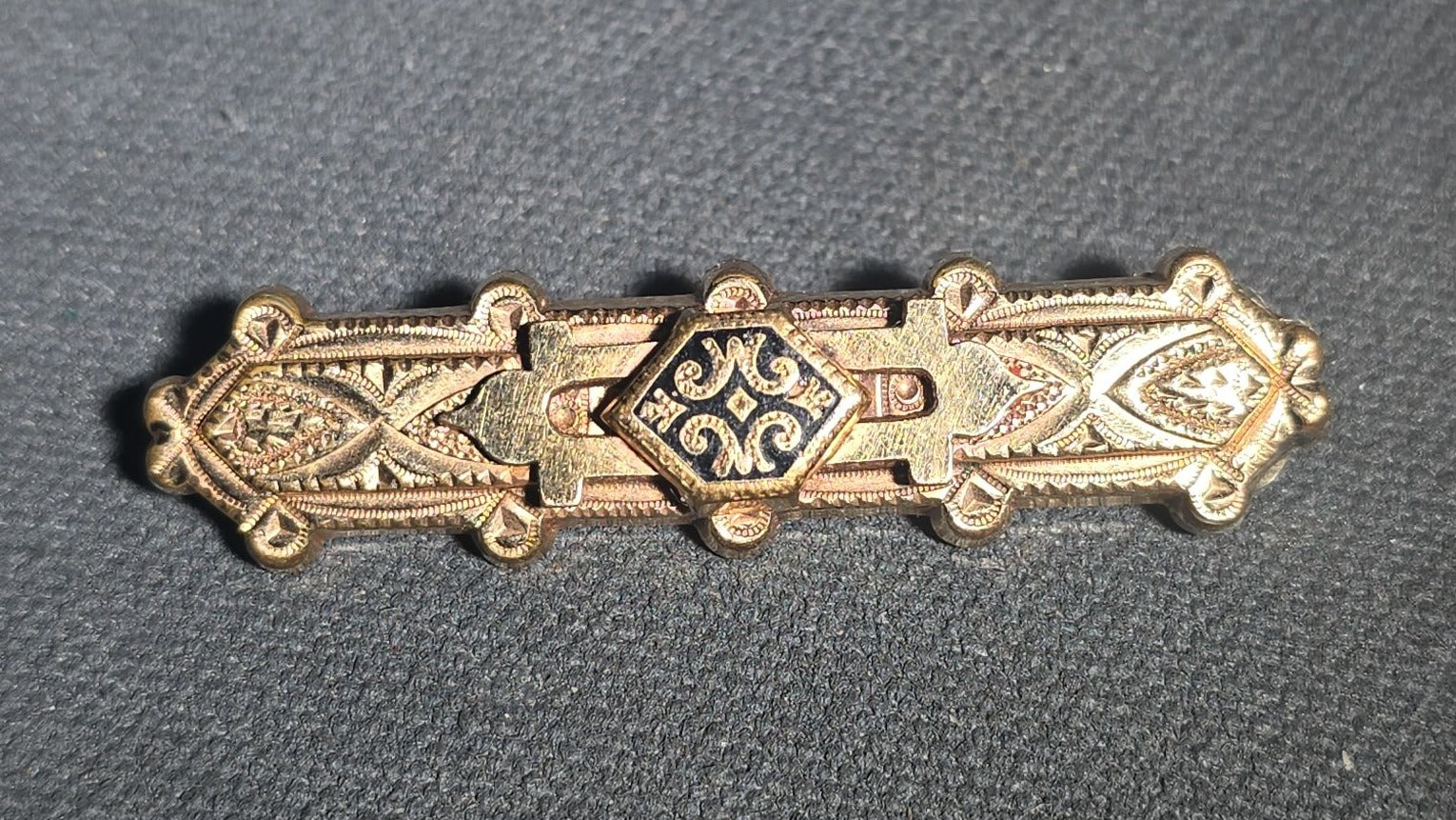 Antique Victorian Gold-Tone Bar Brooch with Black Enamel Center