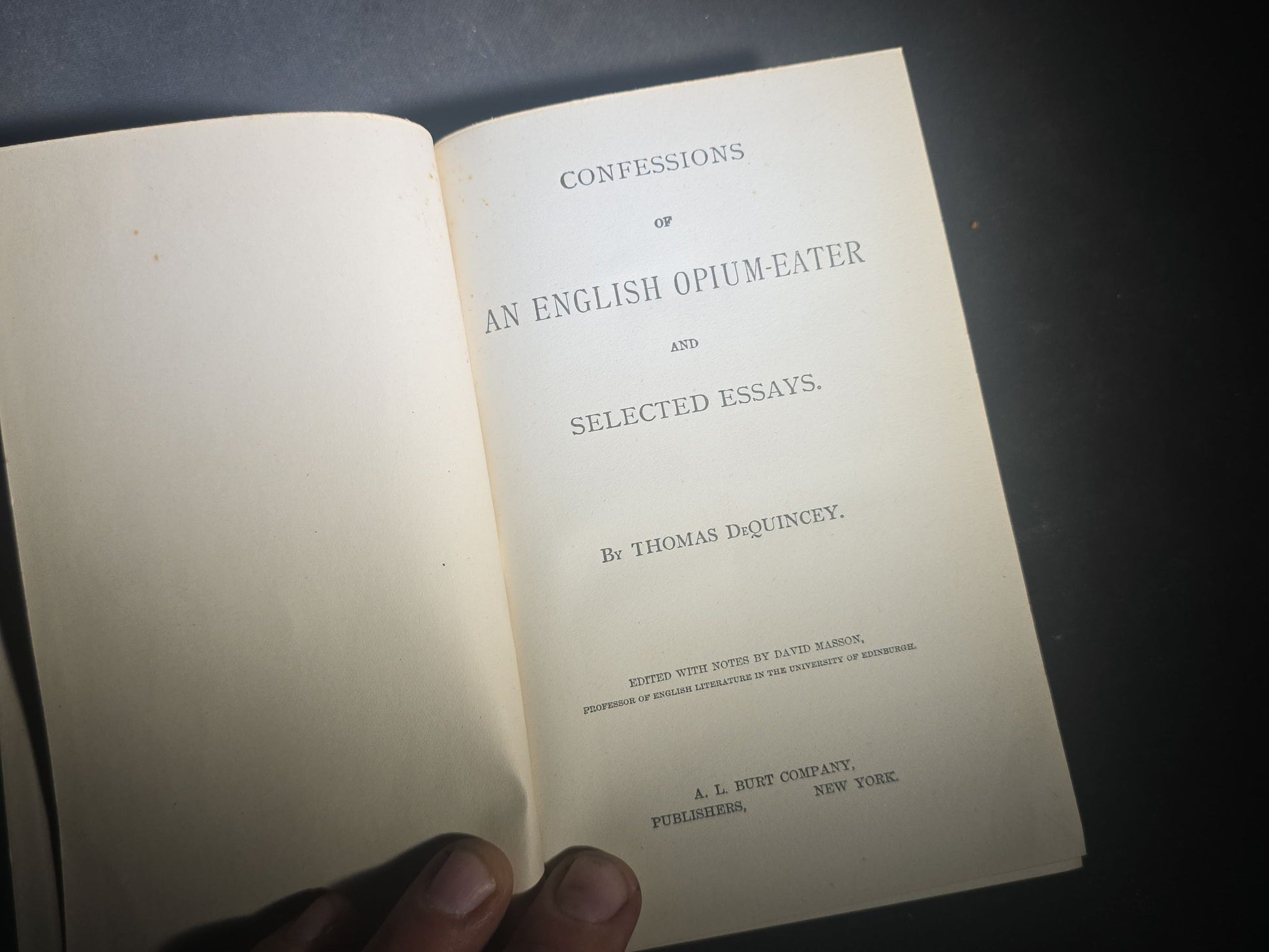 "Confessions of an English Opium-Eater and Selected Essays" Antique Book by Thomas De Quincey, Edited by David Masson, Cornell Series, Published by A. L. Burt Company, New York