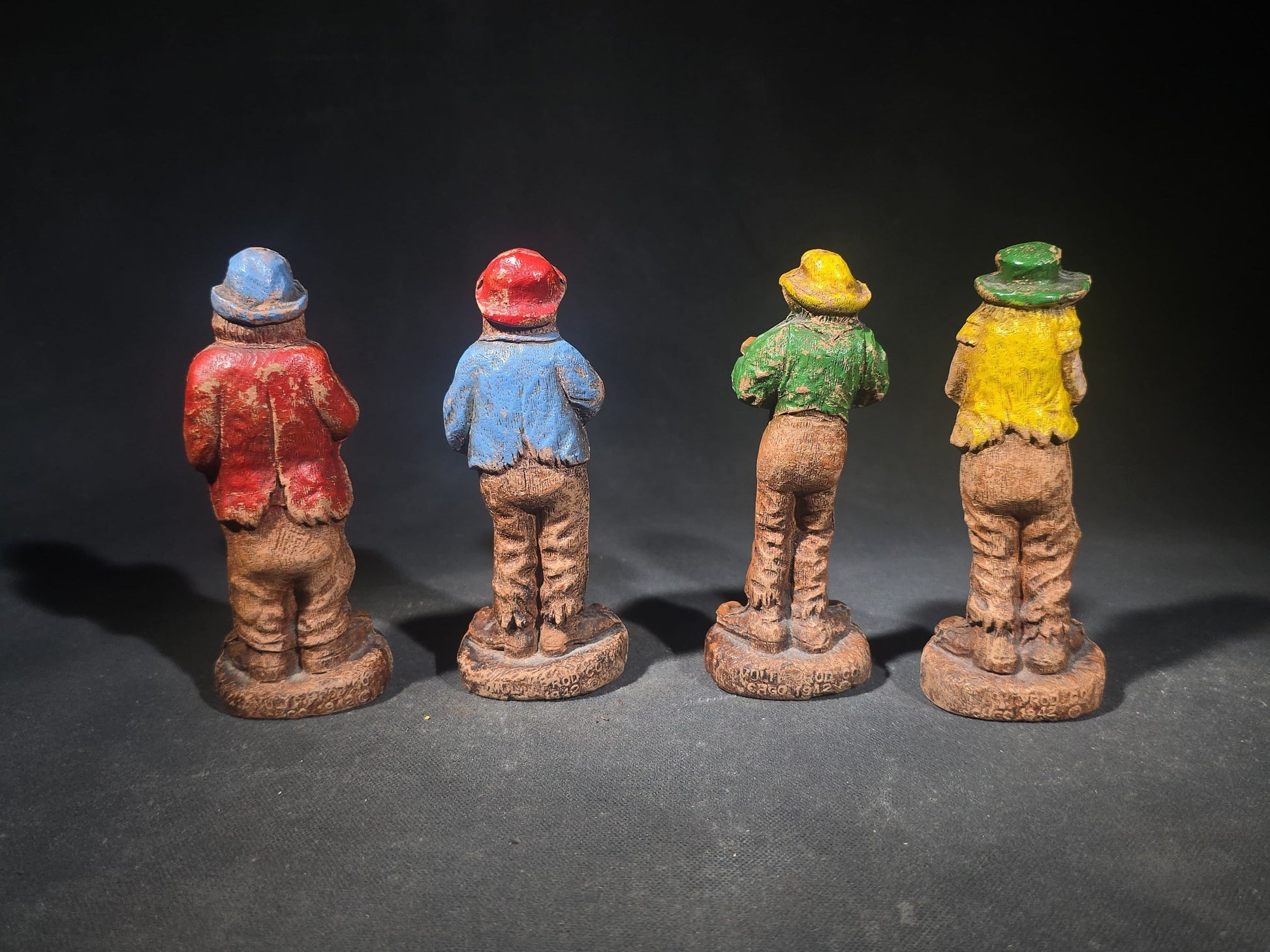 Grouping of Four Vintage Painted Hillbilly Band Musician Figurines including Clem, Lem, Ben, and Pete, Manufactured by Multi Products Inc., Chicago, Illinois, 1942