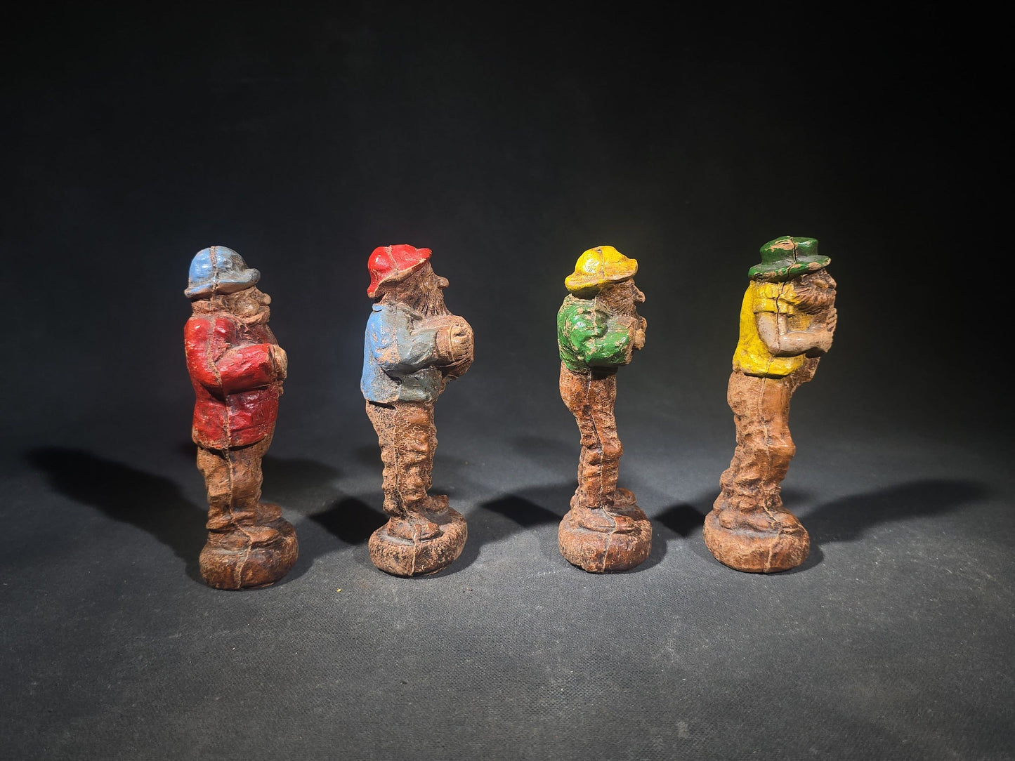 Grouping of Four Vintage Painted Hillbilly Band Musician Figurines including Clem, Lem, Ben, and Pete, Manufactured by Multi Products Inc., Chicago, Illinois, 1942