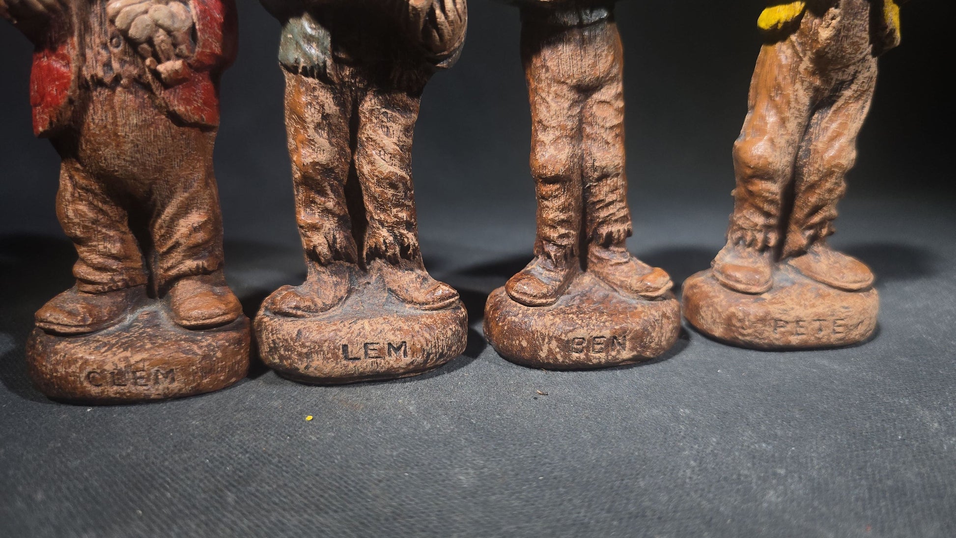 Grouping of Four Vintage Painted Hillbilly Band Musician Figurines including Clem, Lem, Ben, and Pete, Manufactured by Multi Products Inc., Chicago, Illinois, 1942