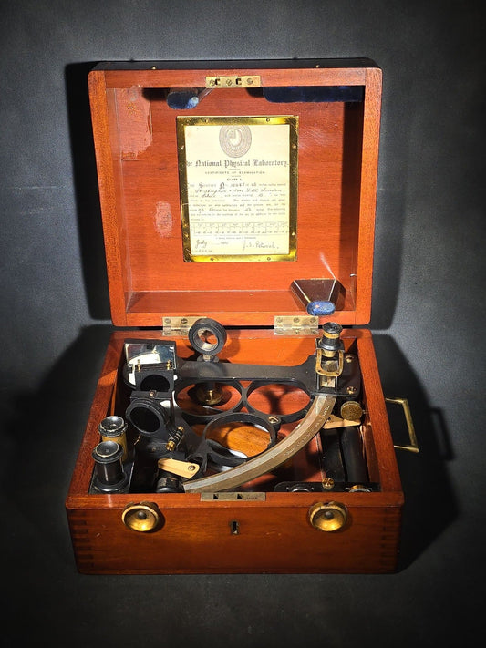 Antique Cased Maritime Sextant No. 12685 with Brass Arc, Manufactured by H. Hughes & Son Ltd., 59 Fenchurch Street, London, with National Physical Laboratory Class A Certificate of Examination Dated July 1920