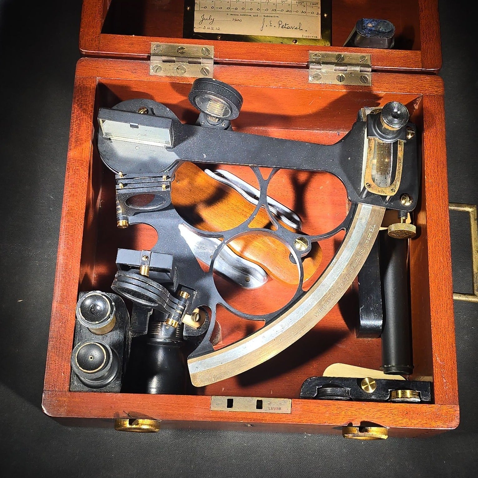Antique Cased Maritime Sextant No. 12685 with Brass Arc, Manufactured by H. Hughes & Son Ltd., 59 Fenchurch Street, London, with National Physical Laboratory Class A Certificate of Examination Dated July 1920