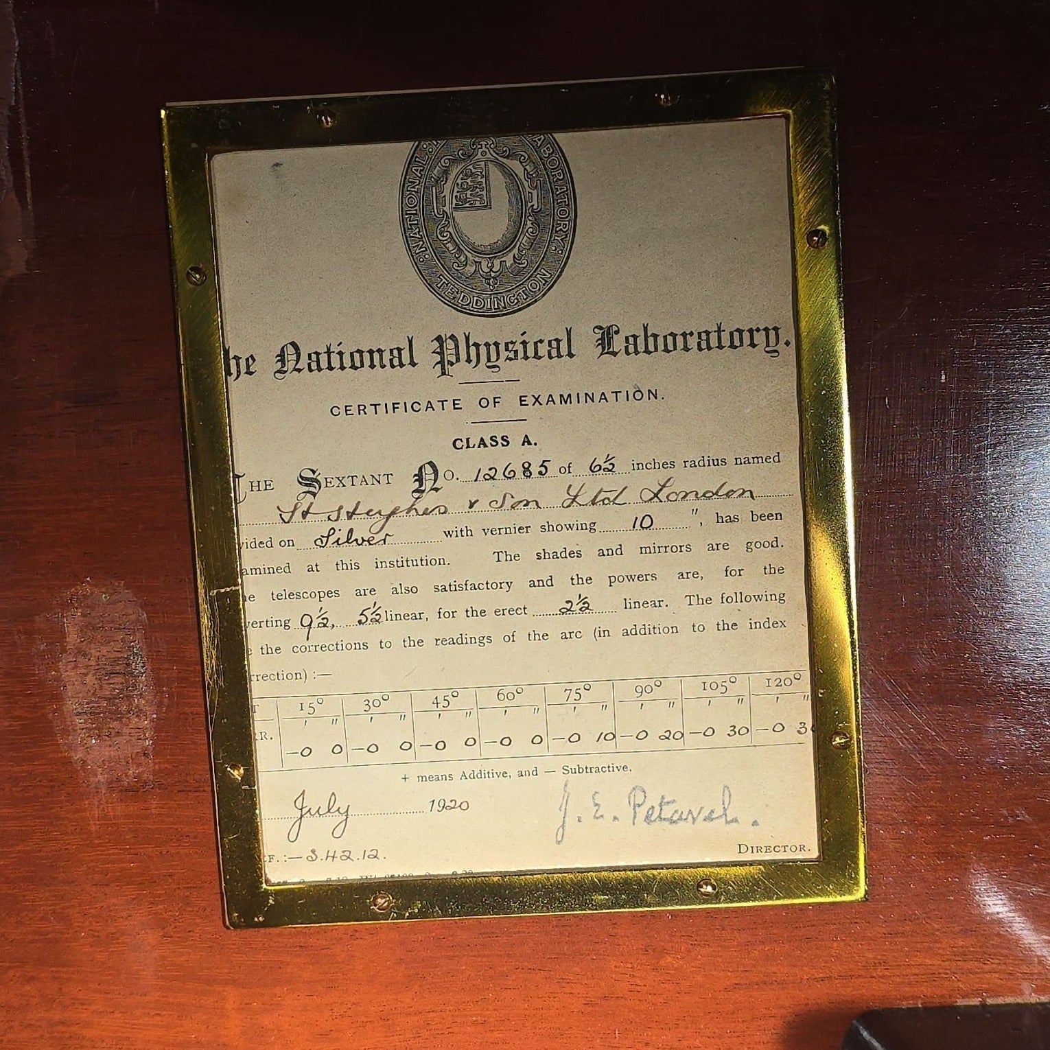 Antique Cased Maritime Sextant No. 12685 with Brass Arc, Manufactured by H. Hughes & Son Ltd., 59 Fenchurch Street, London, with National Physical Laboratory Class A Certificate of Examination Dated July 1920
