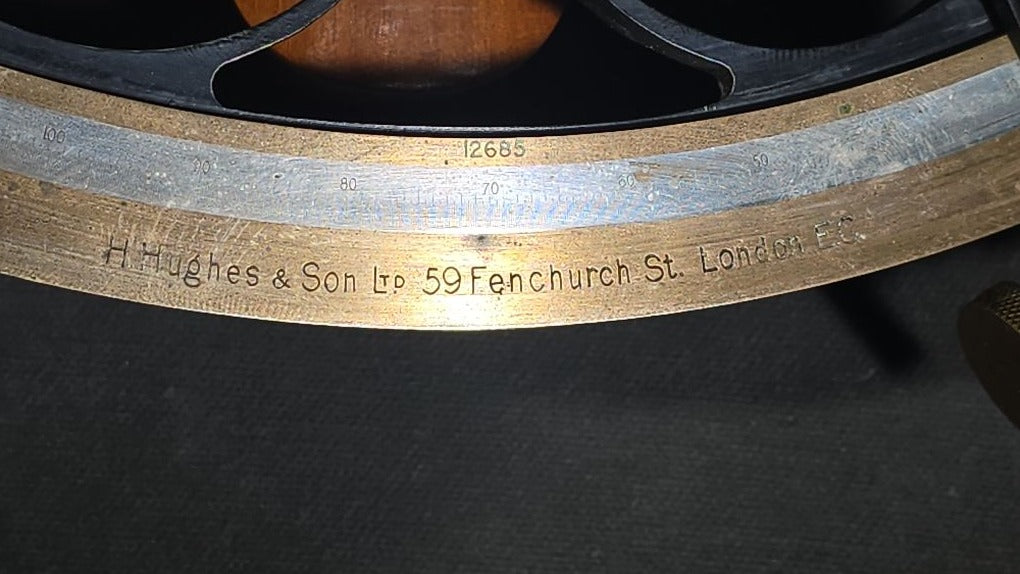 Antique Cased Maritime Sextant No. 12685 with Brass Arc, Manufactured by H. Hughes & Son Ltd., 59 Fenchurch Street, London, with National Physical Laboratory Class A Certificate of Examination Dated July 1920