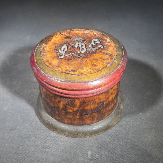 Antique Pyrography Round Lidded Wooden Box Marked "L.B.E." with "Merry Christmas" Inscription