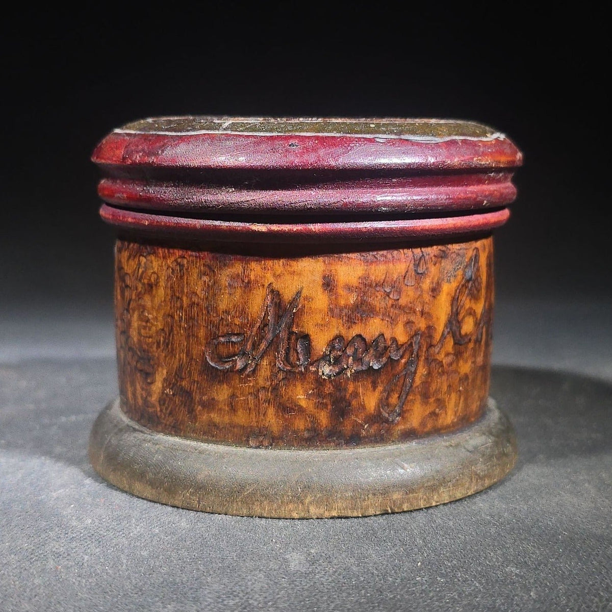Antique Pyrography Round Lidded Wooden Box Marked "L.B.E." with "Merry Christmas" Inscription